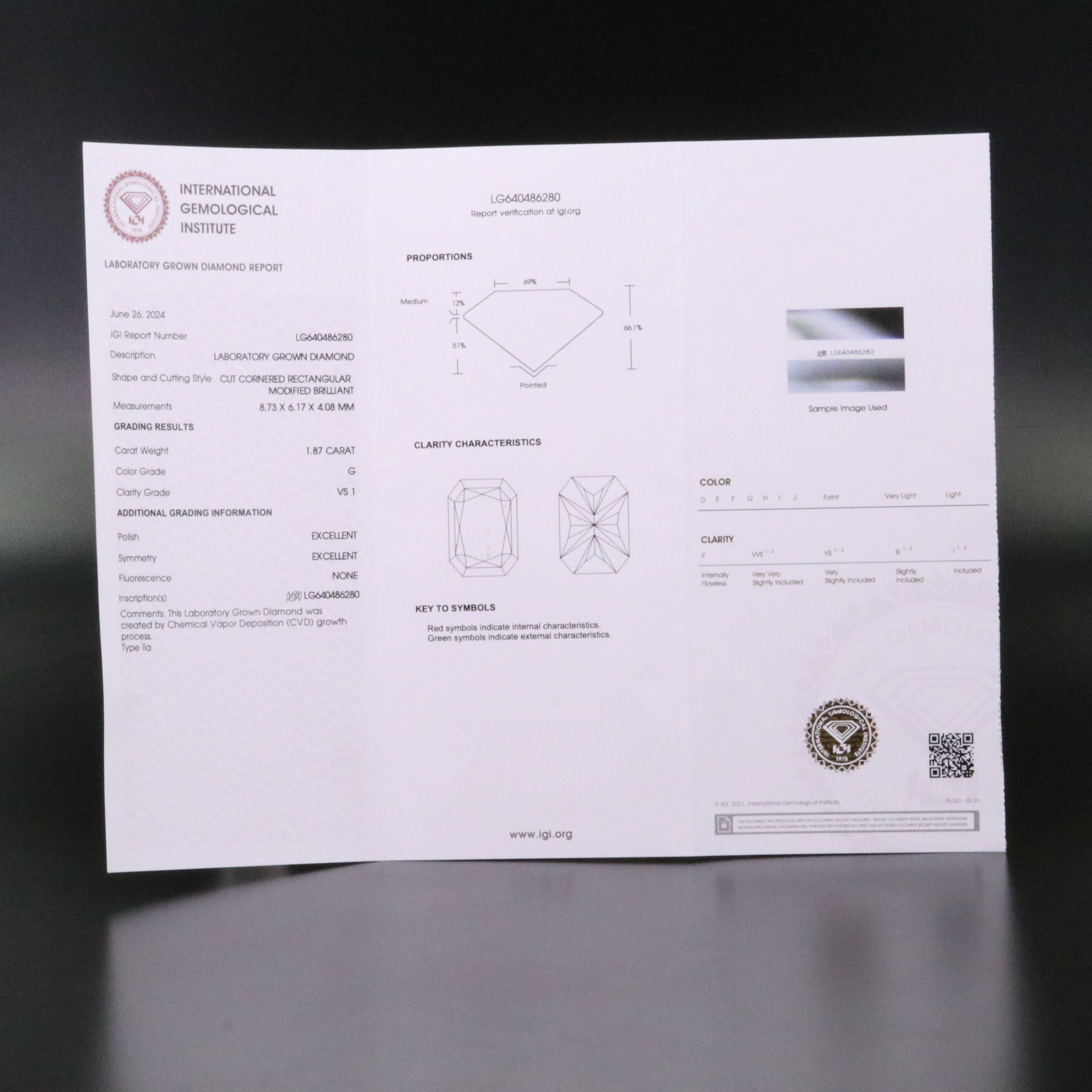 Loose 1.87 CT Lab Grown Diamond with IGI Report