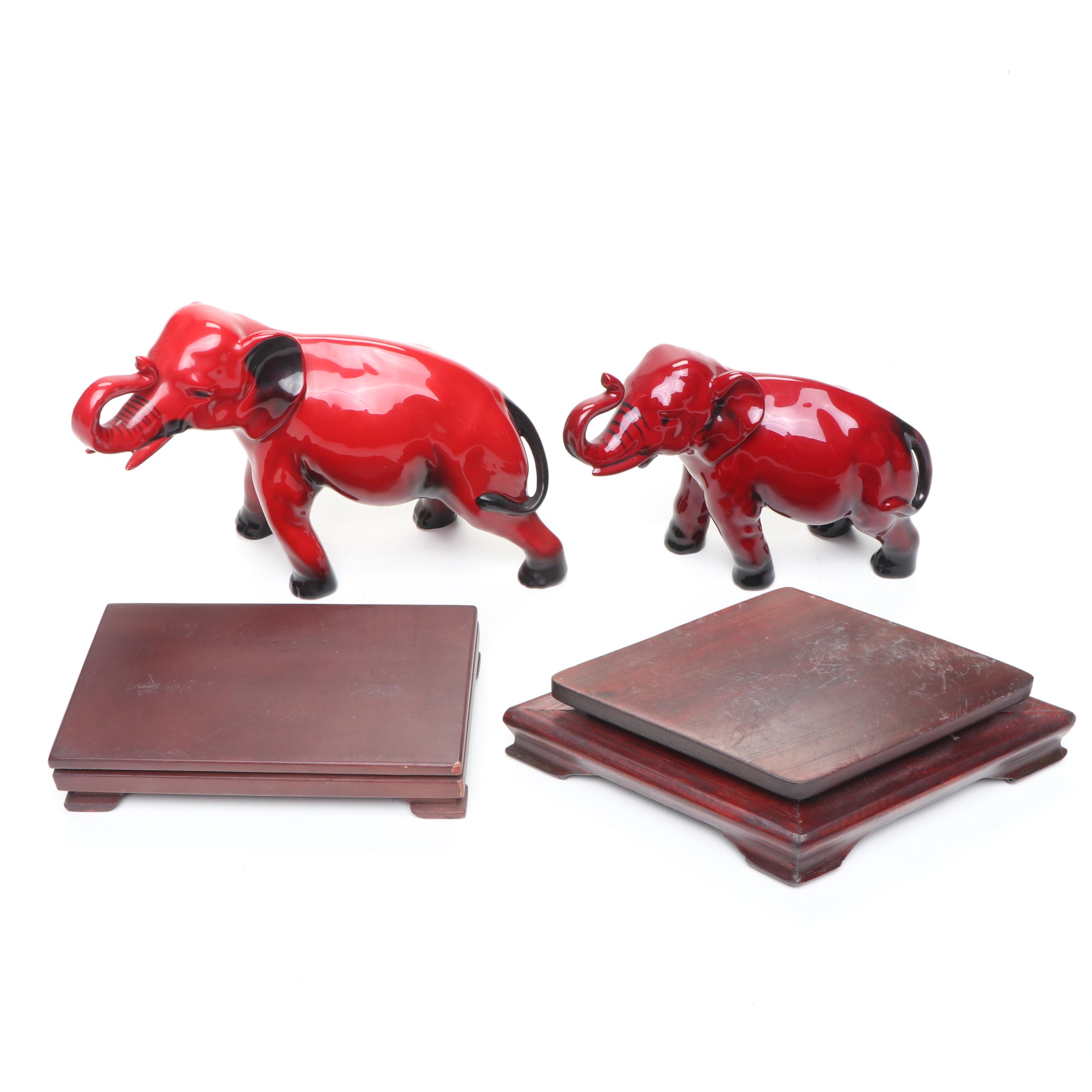 Royal Doulton "Flambé" Porcelain Elephants with Wood Stands