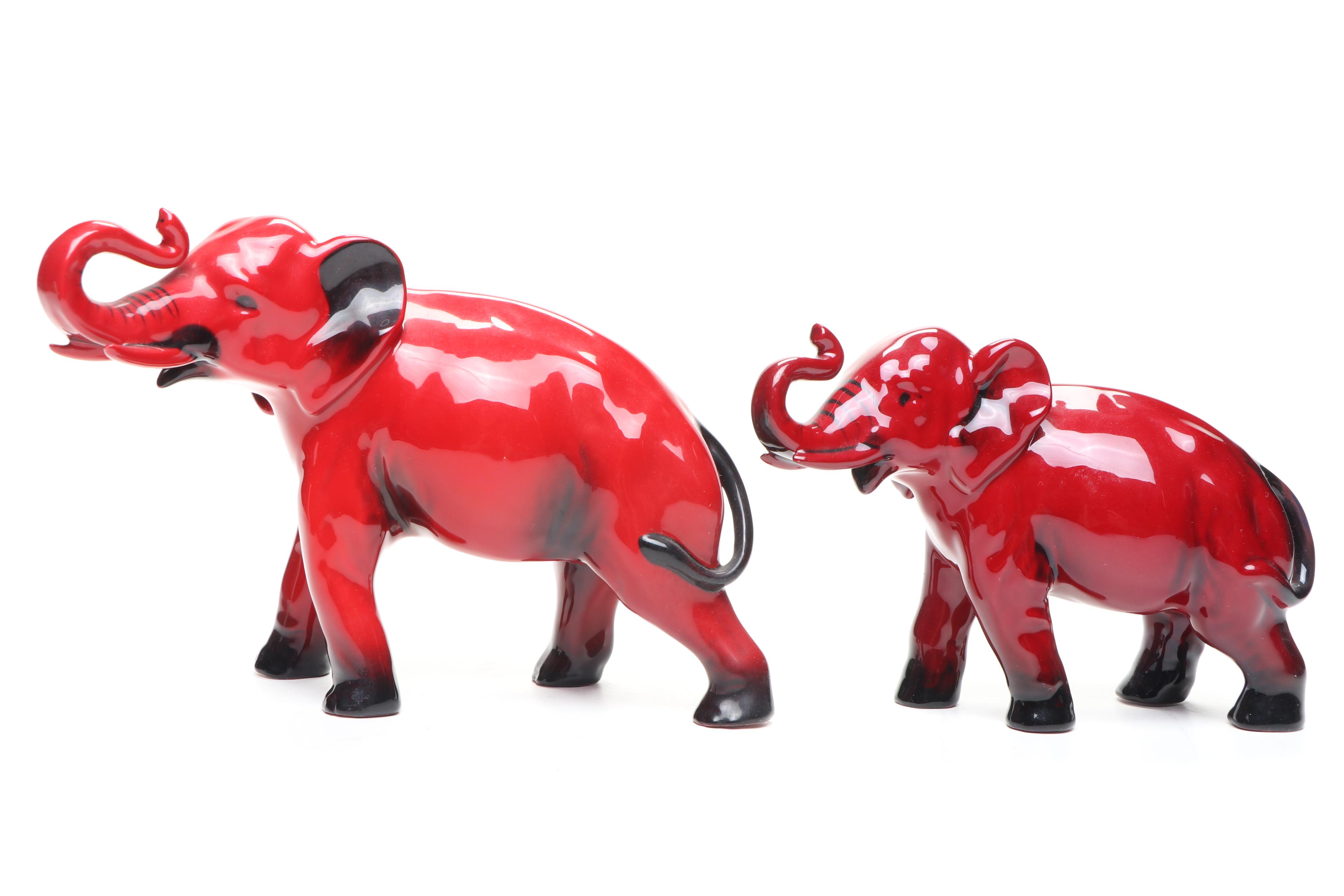 Royal Doulton "Flambé" Porcelain Elephants with Wood Stands