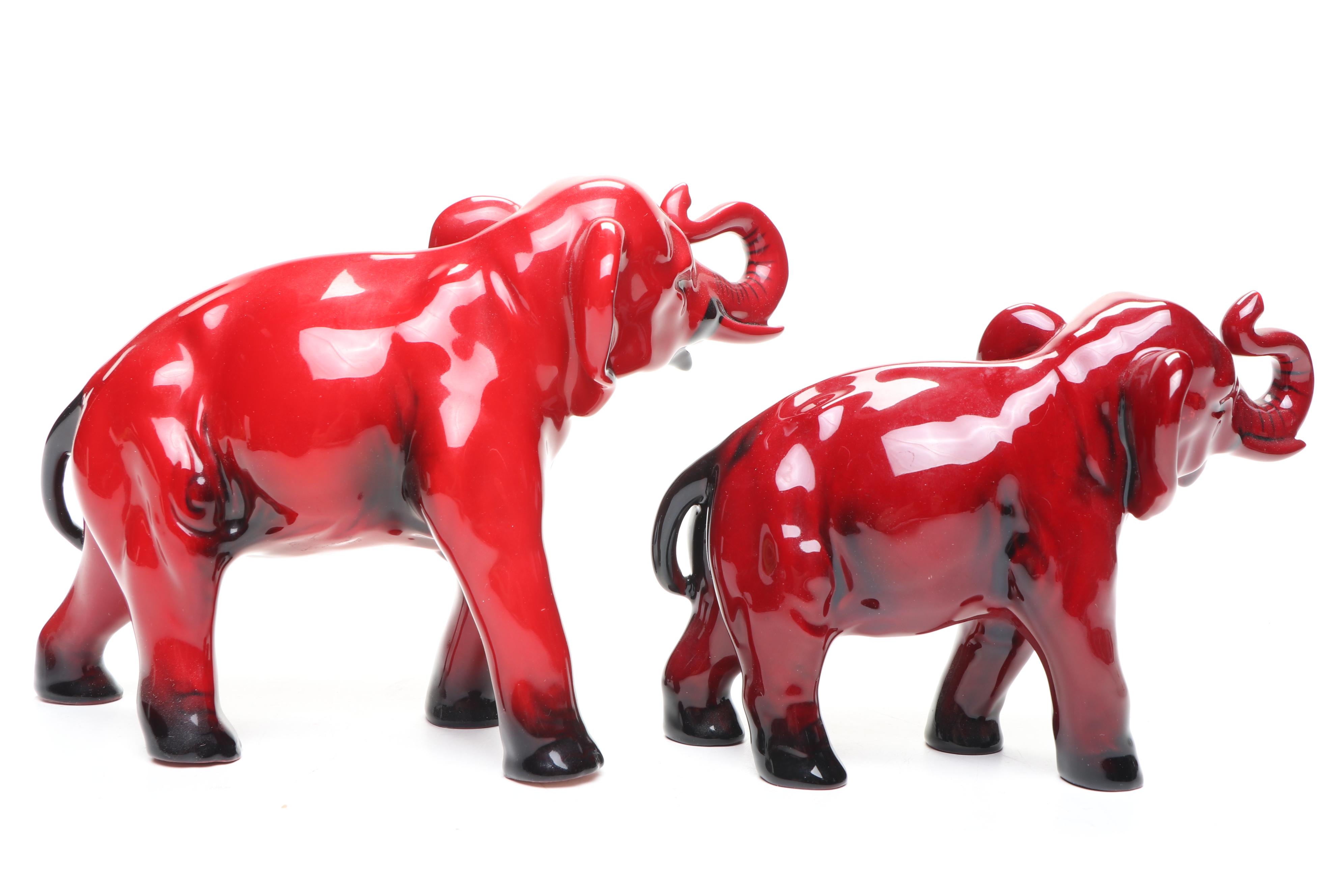Royal Doulton "Flambé" Porcelain Elephants with Wood Stands