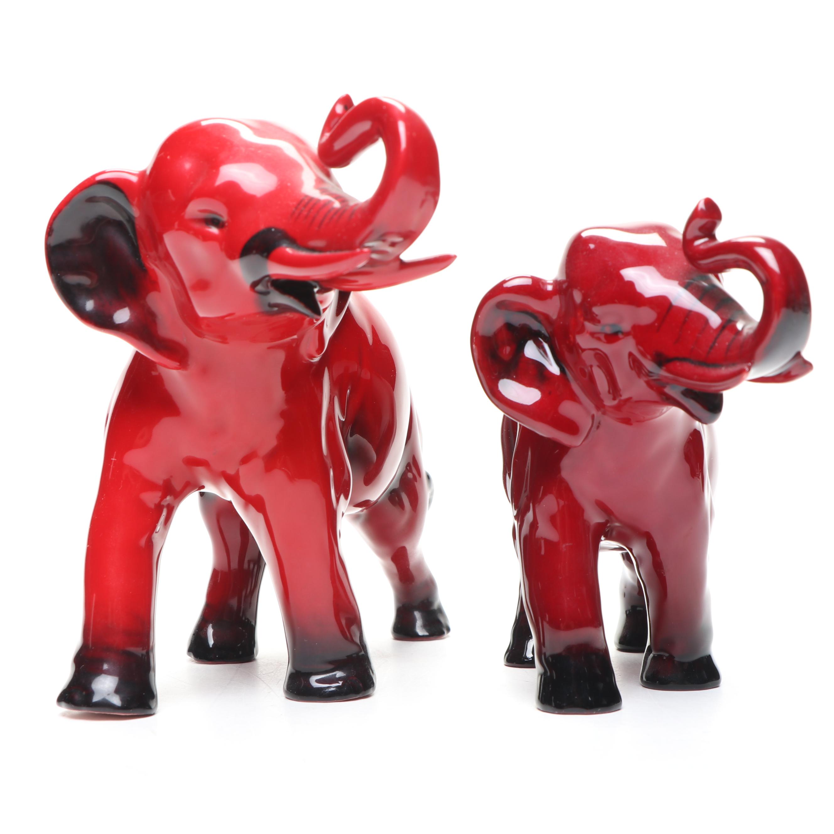 Royal Doulton "Flambé" Porcelain Elephants with Wood Stands