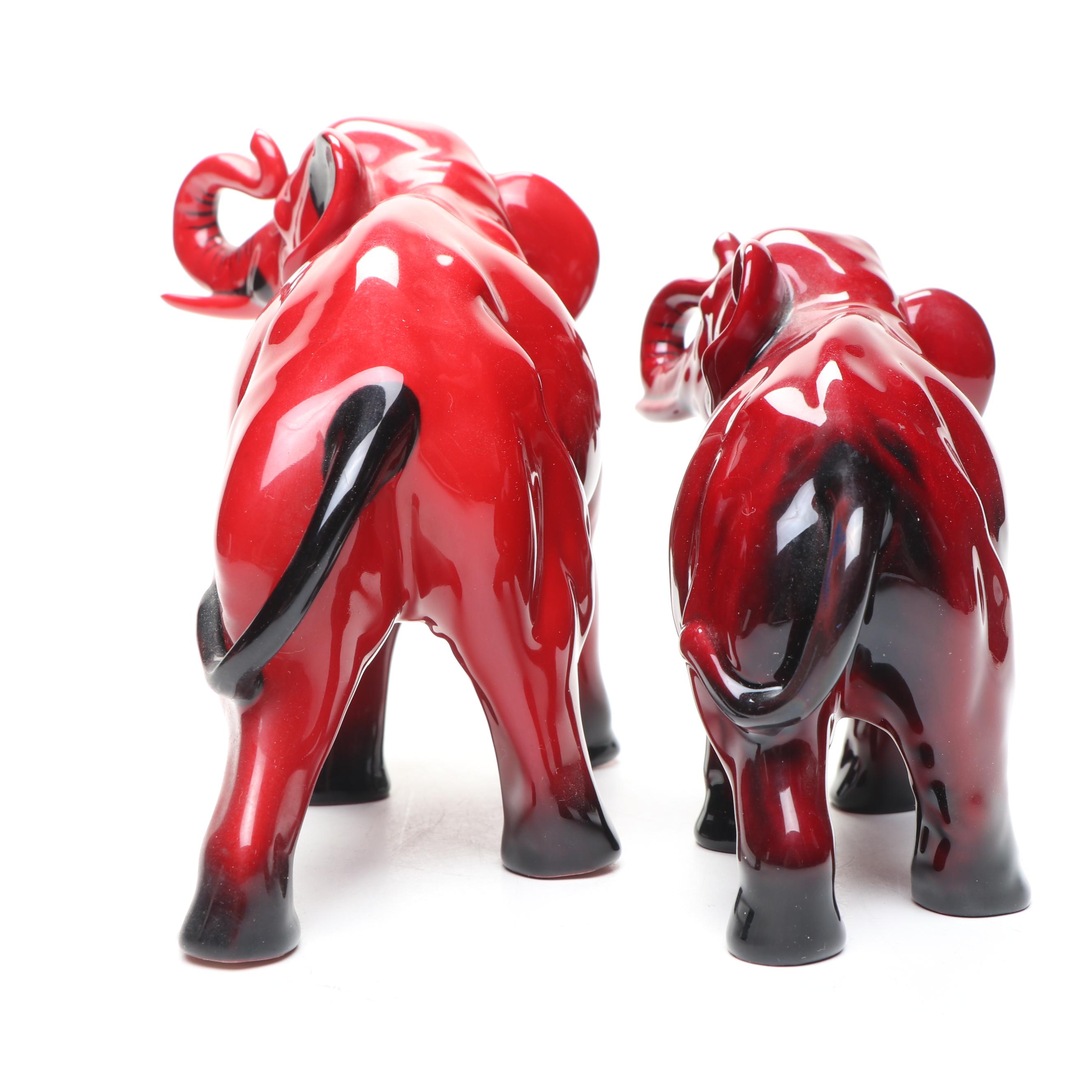 Royal Doulton "Flambé" Porcelain Elephants with Wood Stands