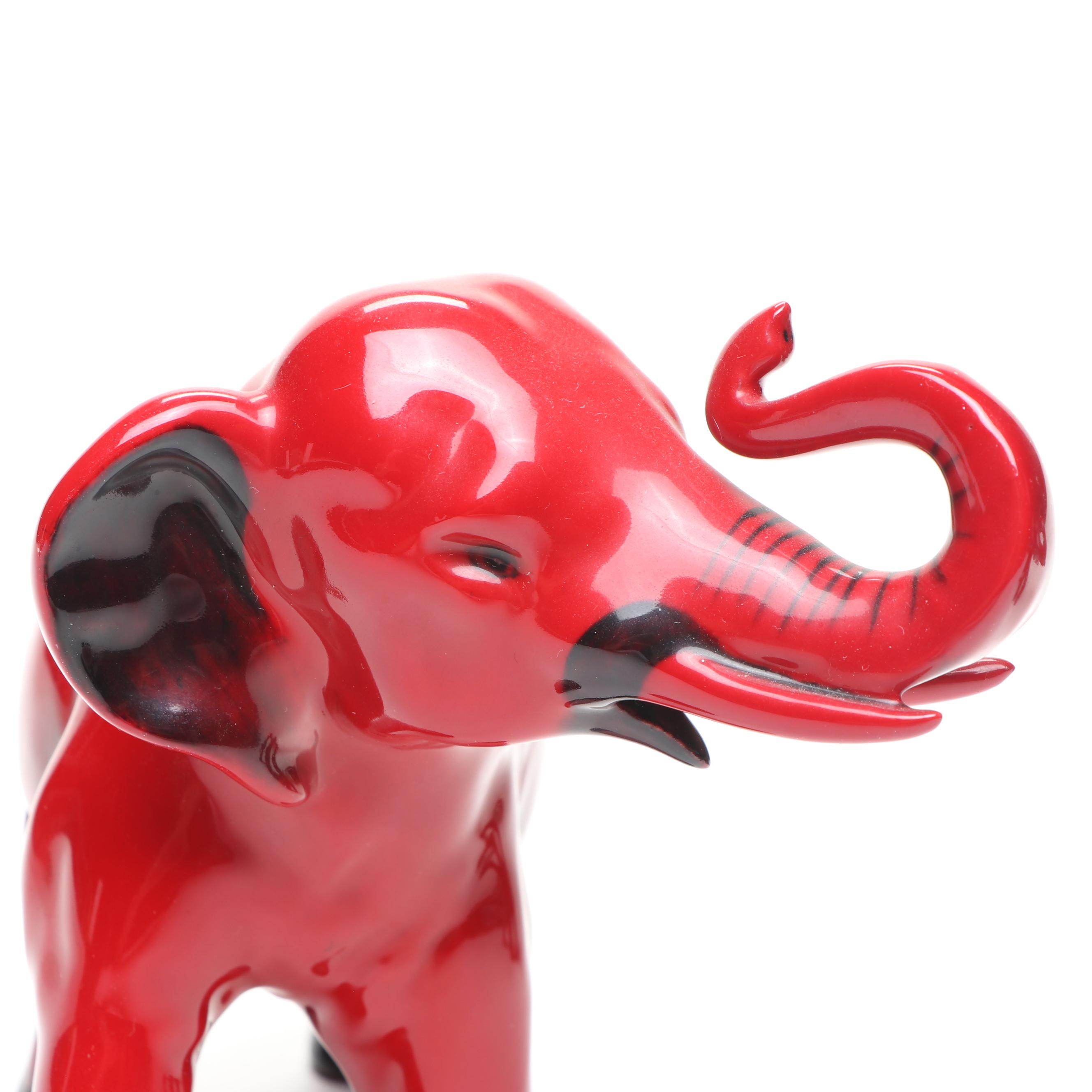 Royal Doulton "Flambé" Porcelain Elephants with Wood Stands