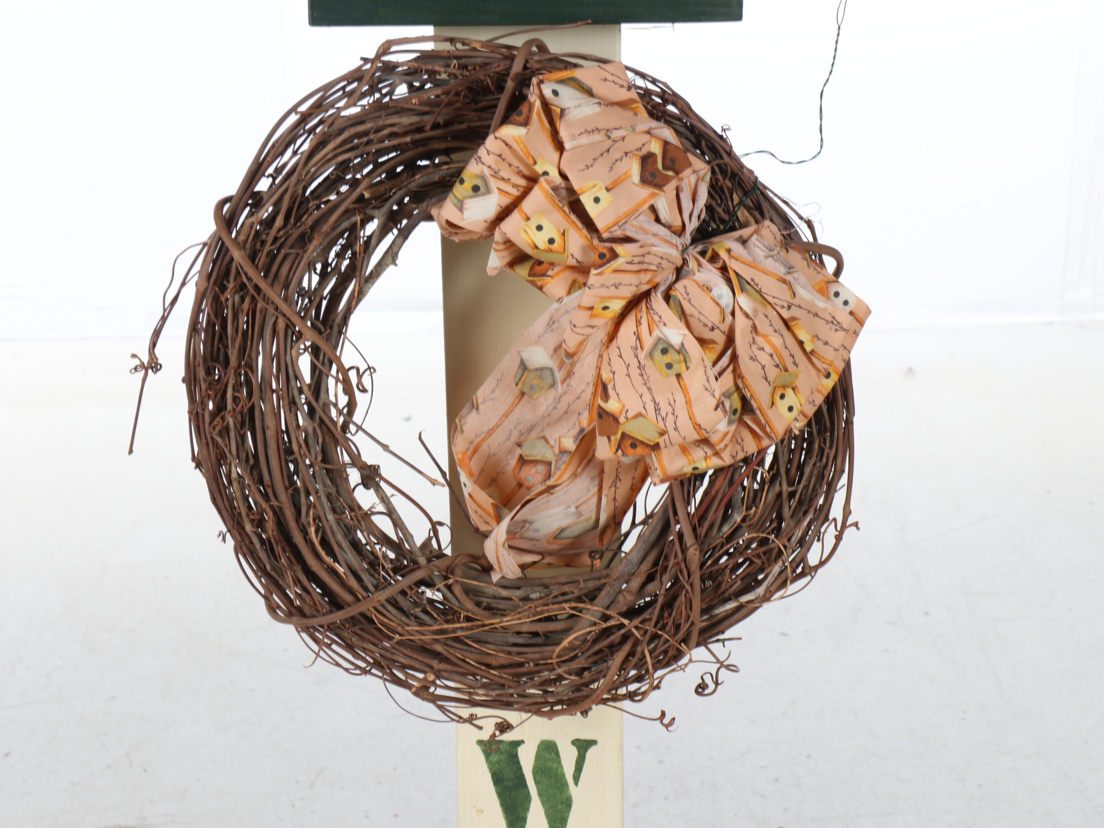 Polychrome Decorated "Welcome" Decoration with Grapevine Wreaths and More Décor