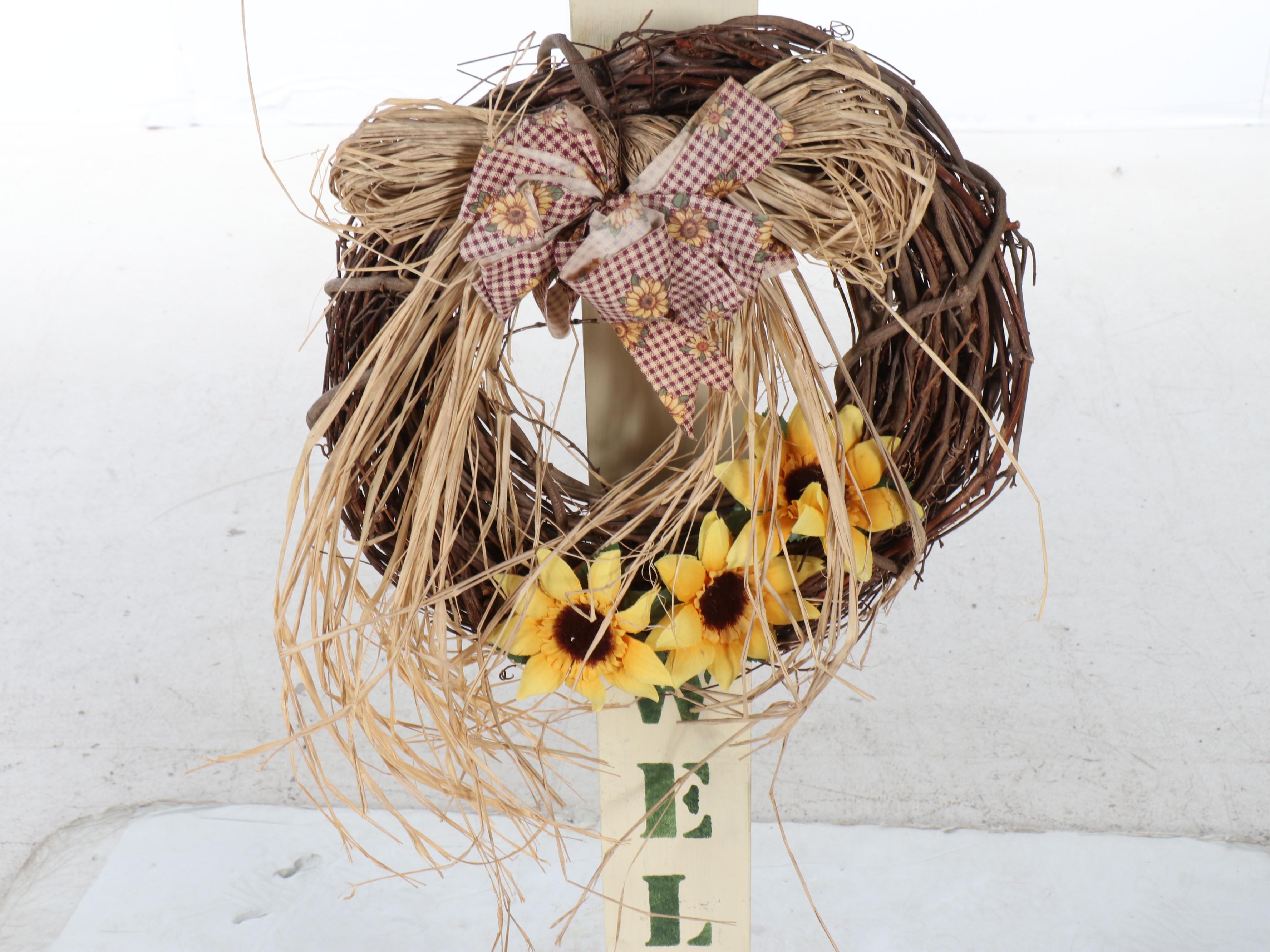 Polychrome Decorated "Welcome" Decoration with Grapevine Wreaths and More Décor