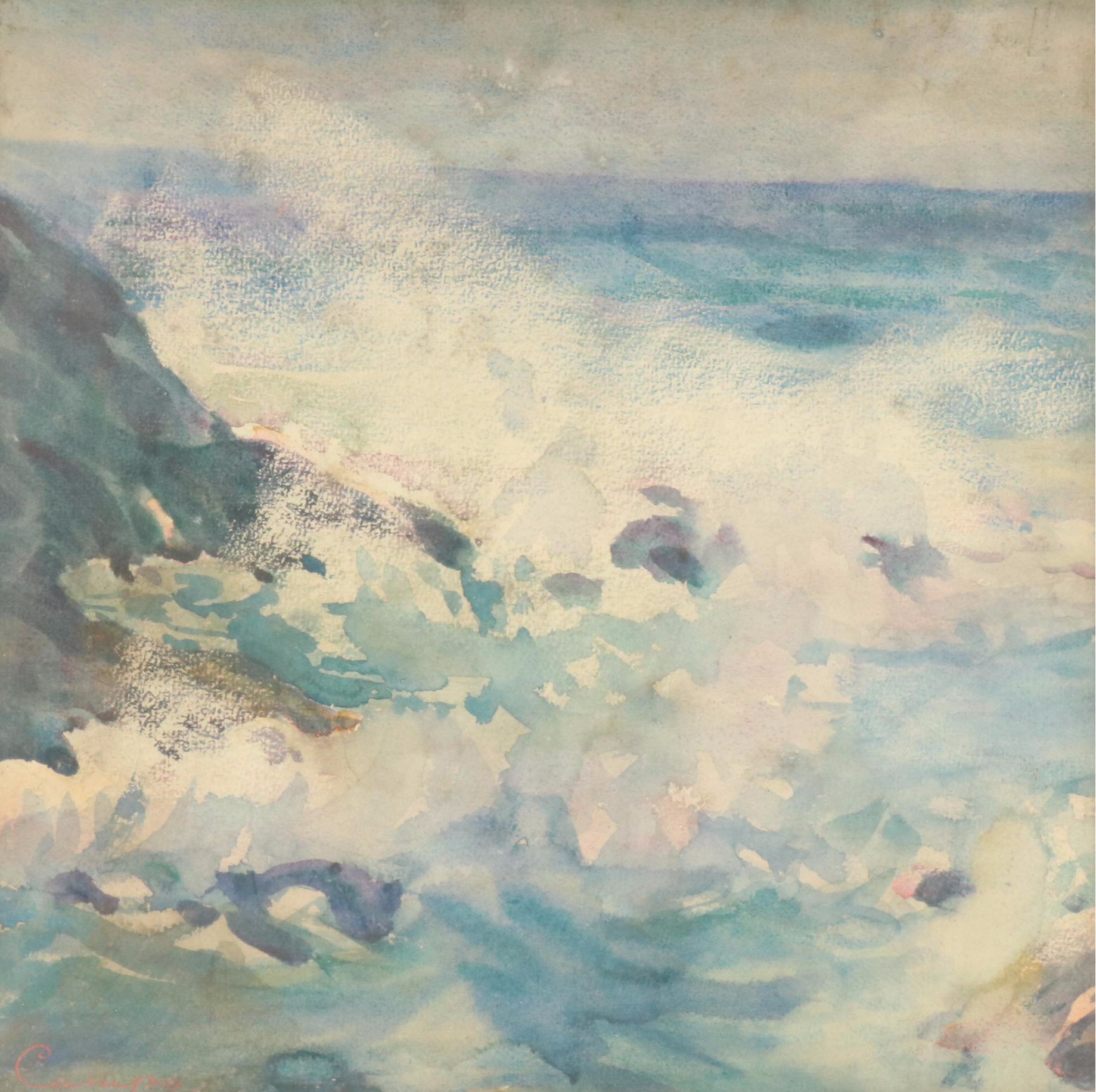 Rocky Seascape Watercolor Painting of Coastline, 1930