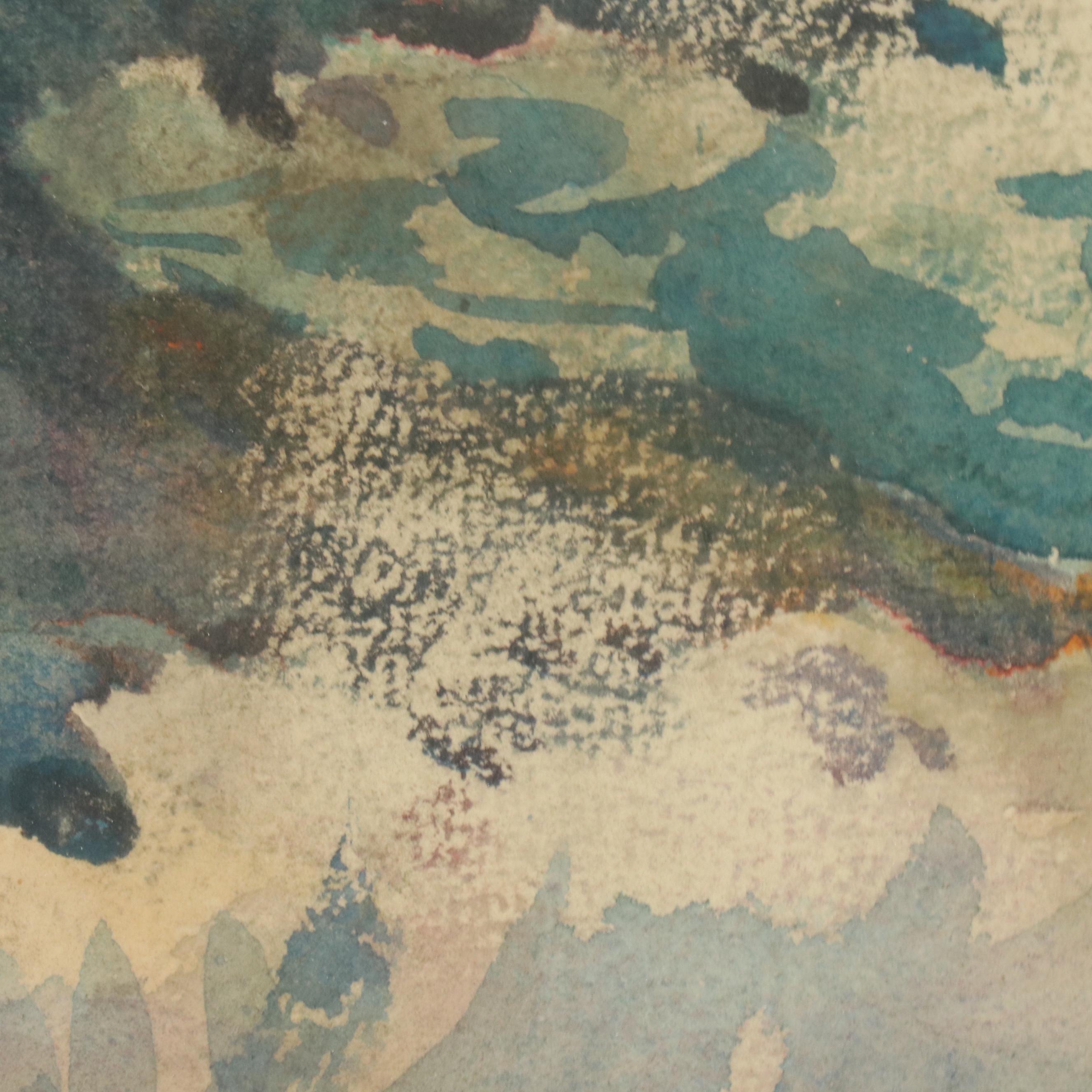 Rocky Seascape Watercolor Painting of Coastline, 1930