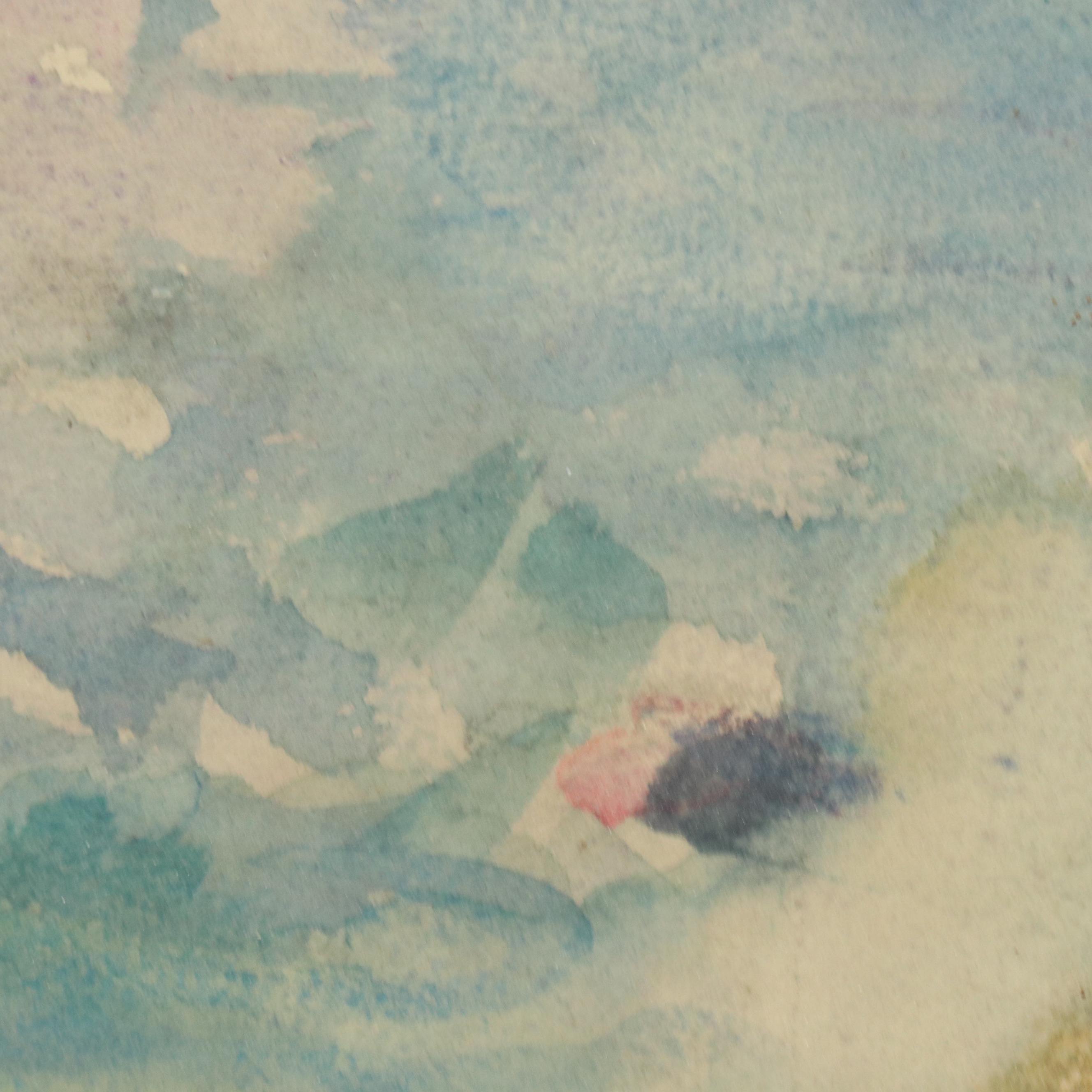 Rocky Seascape Watercolor Painting of Coastline, 1930