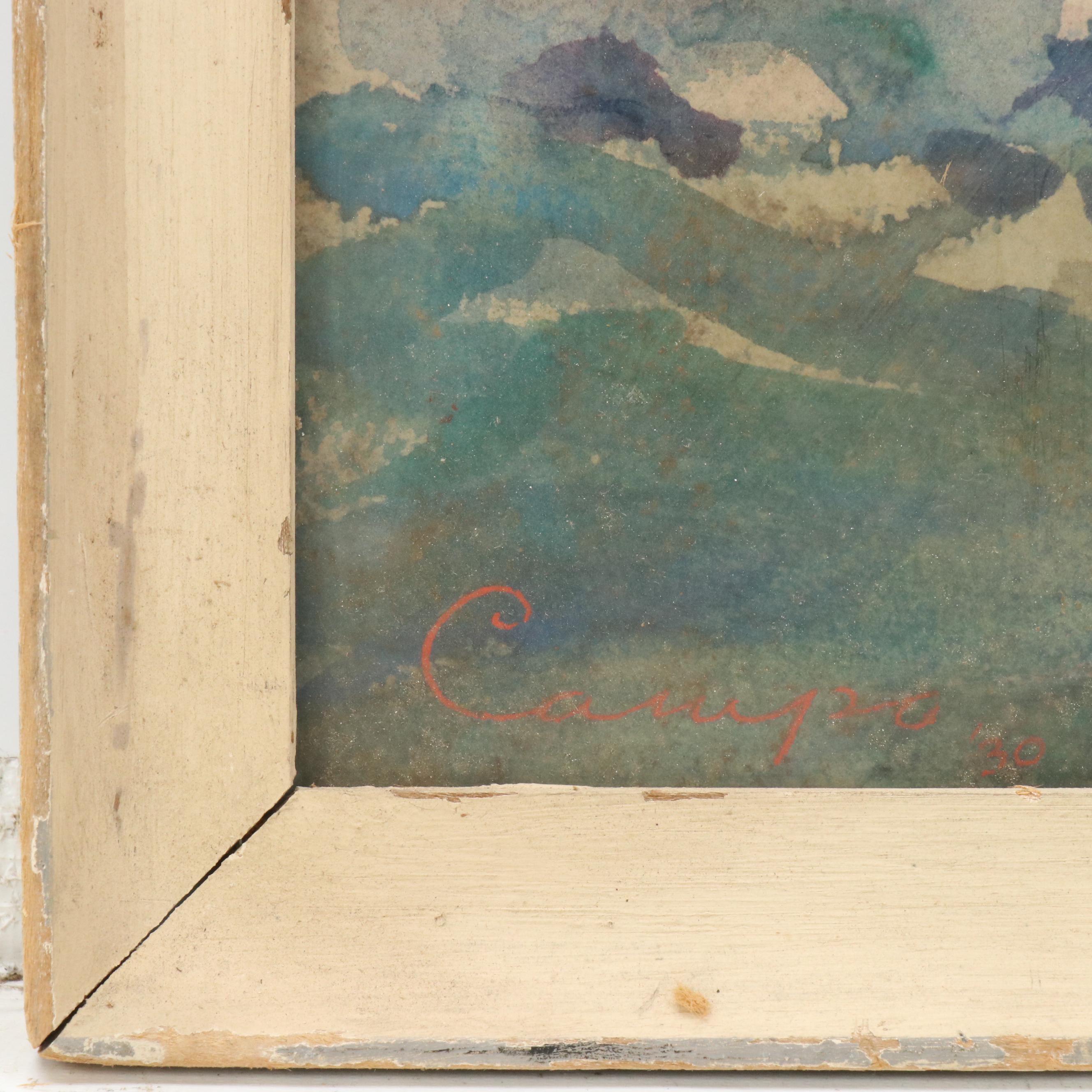 Rocky Seascape Watercolor Painting of Coastline, 1930