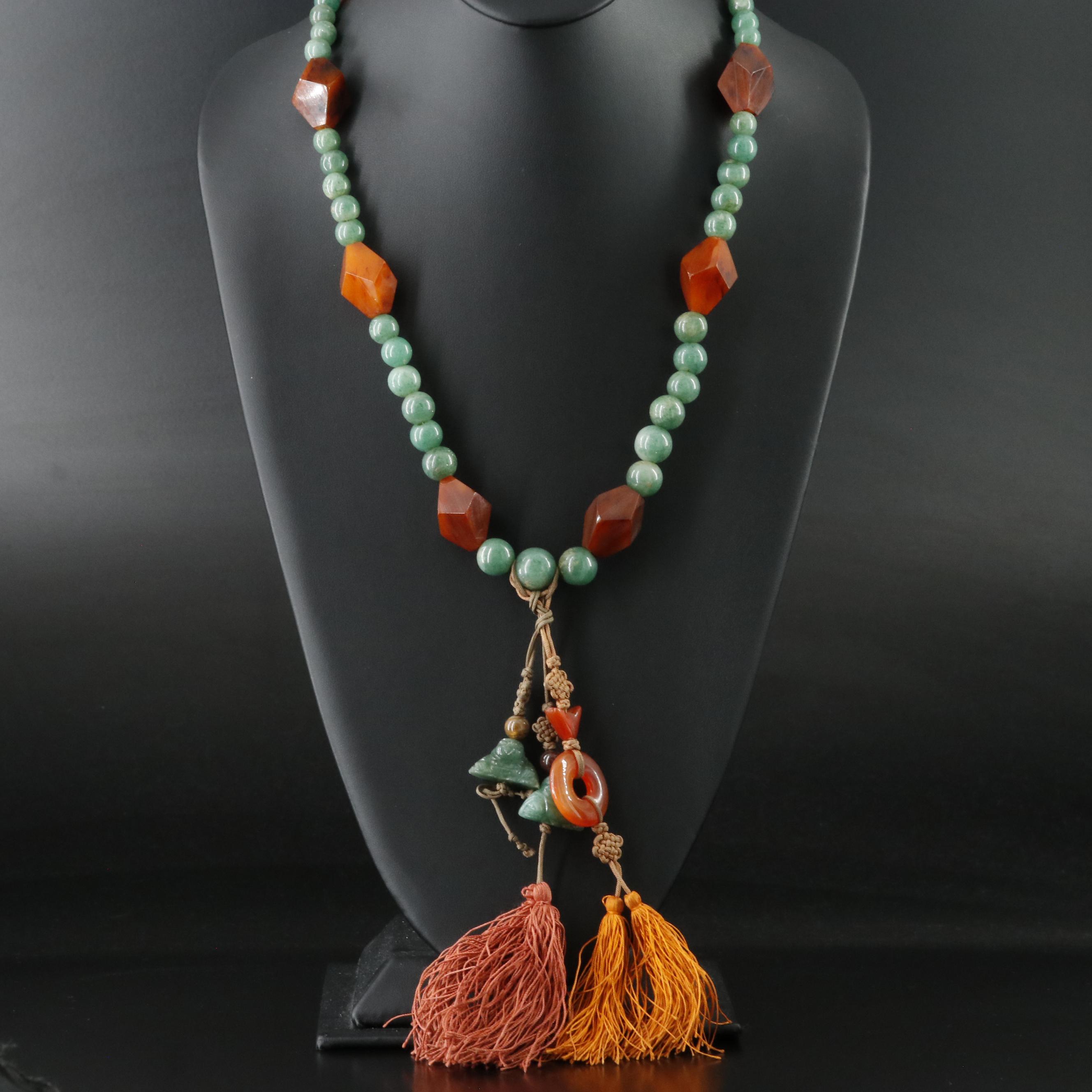 Vintage Chinese Jadeite, Aventurine, Bakelite and Carnelian Necklace