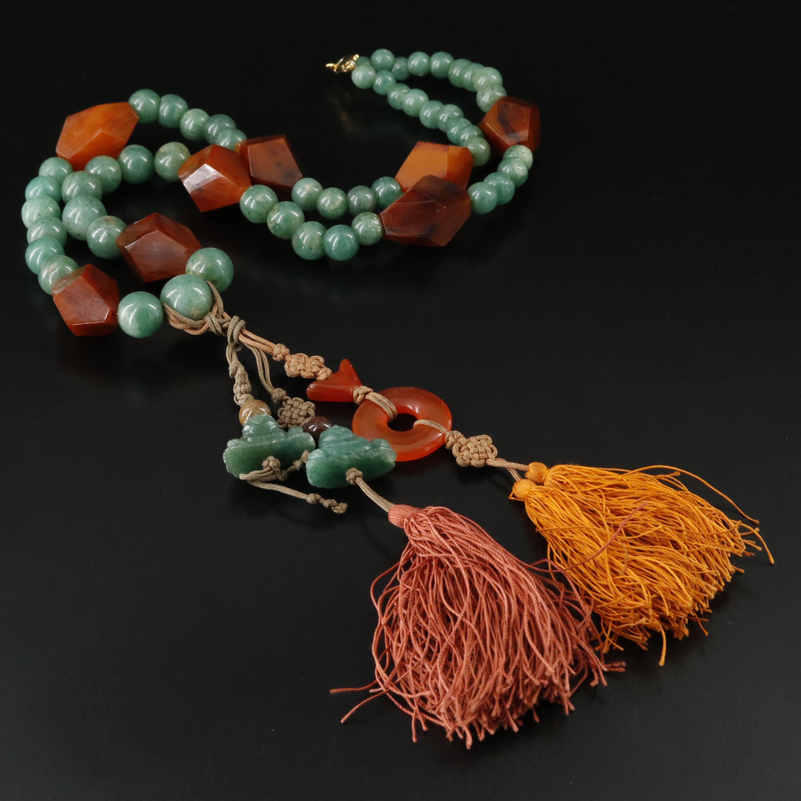 Vintage Chinese Jadeite, Aventurine, Bakelite and Carnelian Necklace