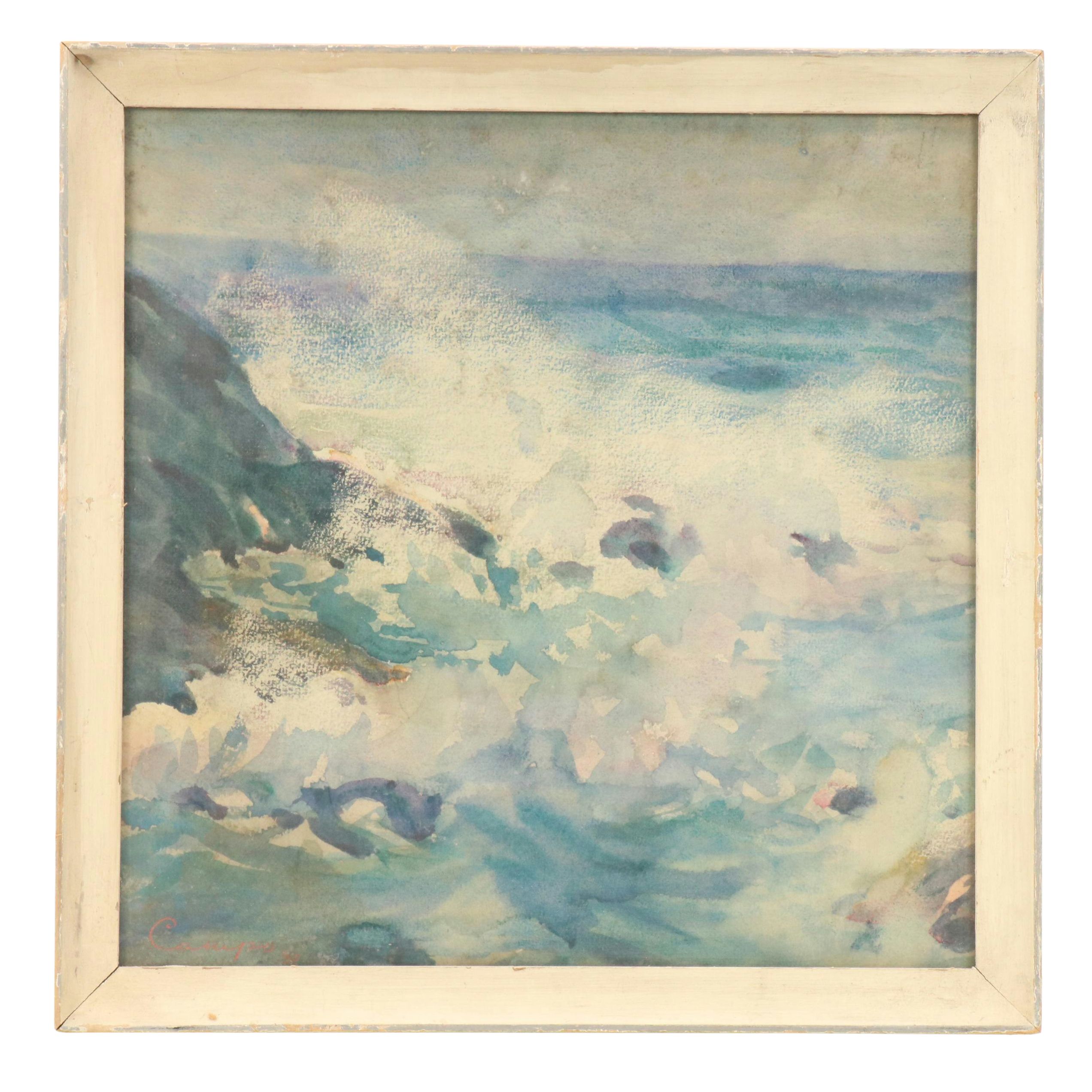 Rocky Seascape Watercolor Painting of Coastline, 1930