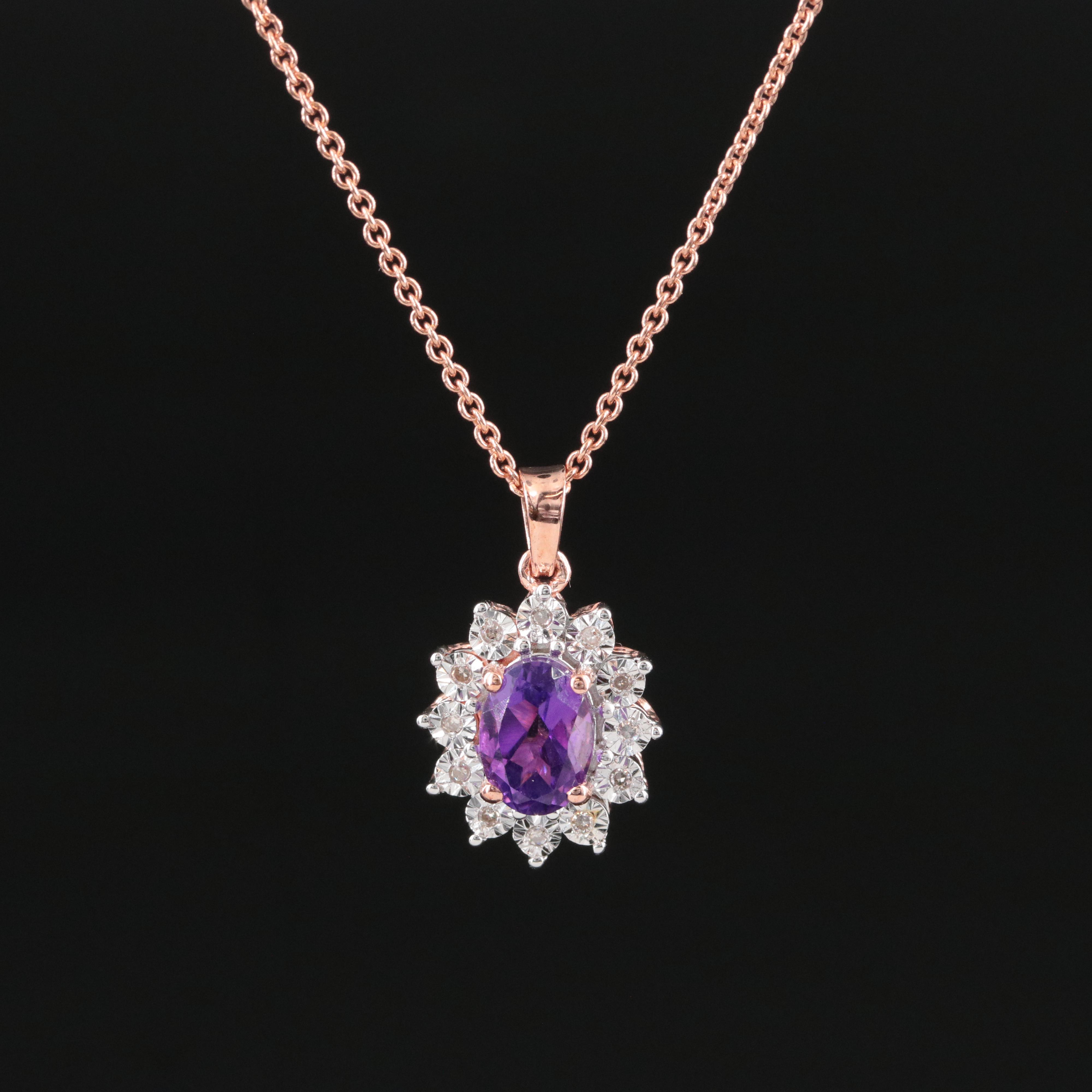 Sterling Amethyst and Diamond Pendant Necklace