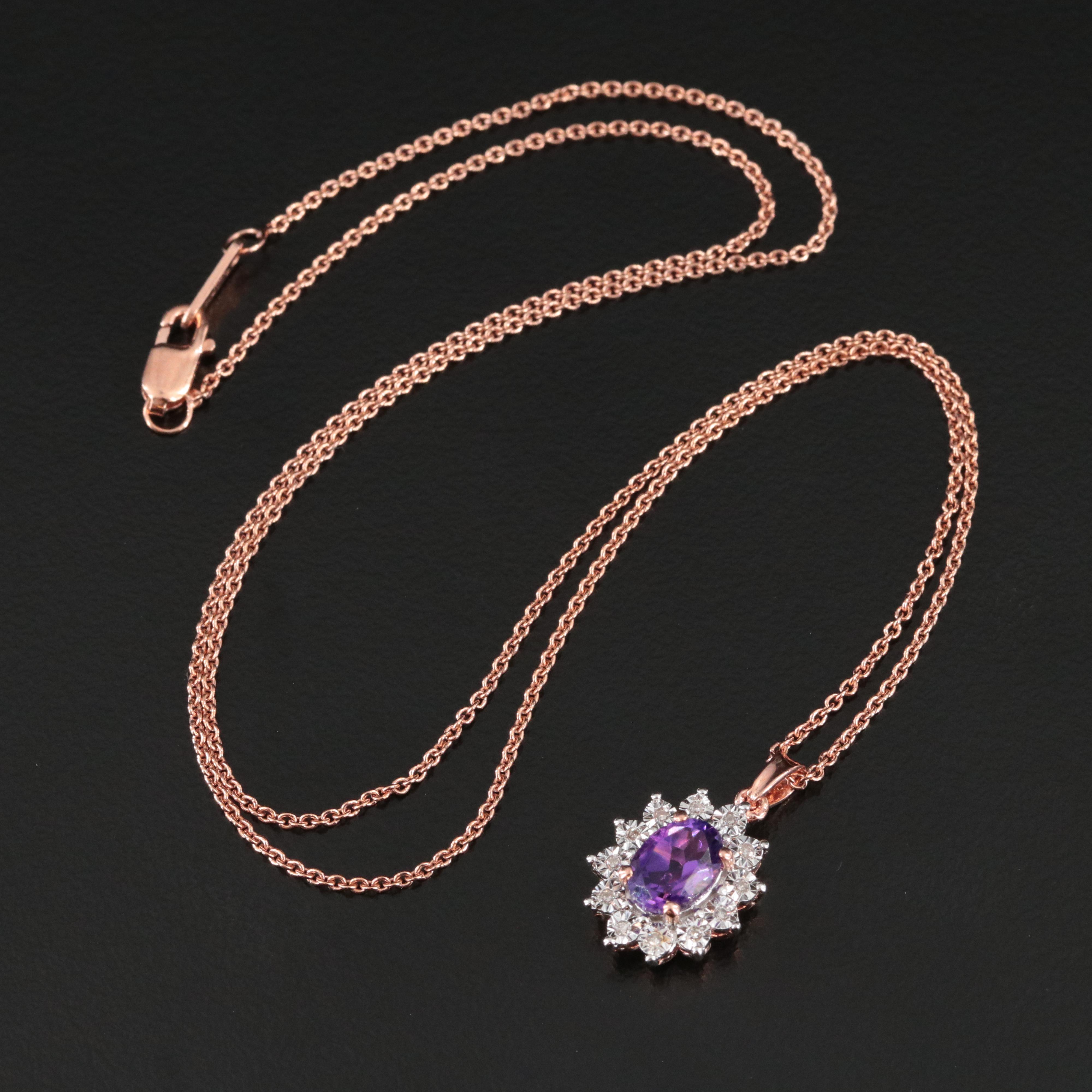 Sterling Amethyst and Diamond Pendant Necklace