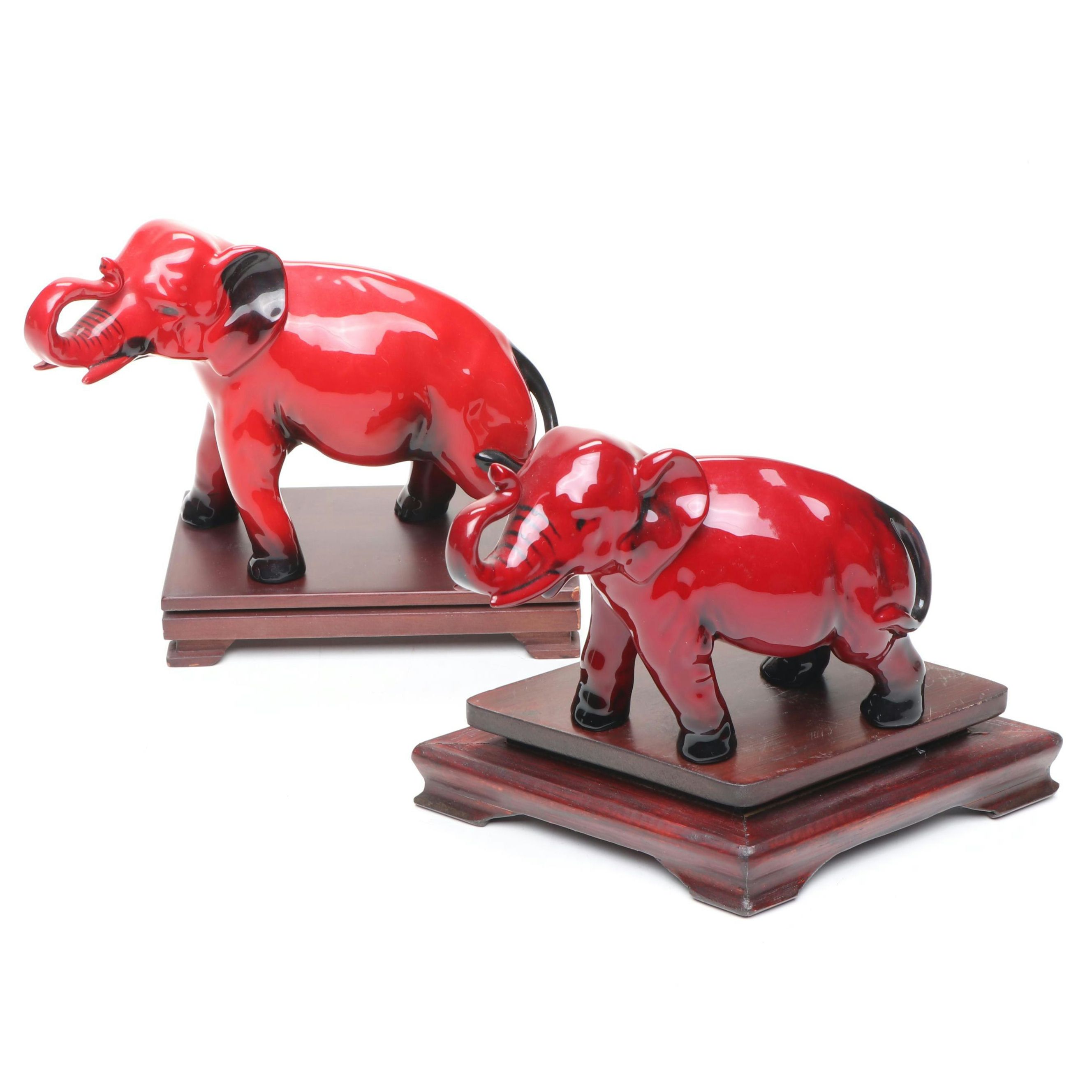Royal Doulton "Flambé" Porcelain Elephants with Wood Stands