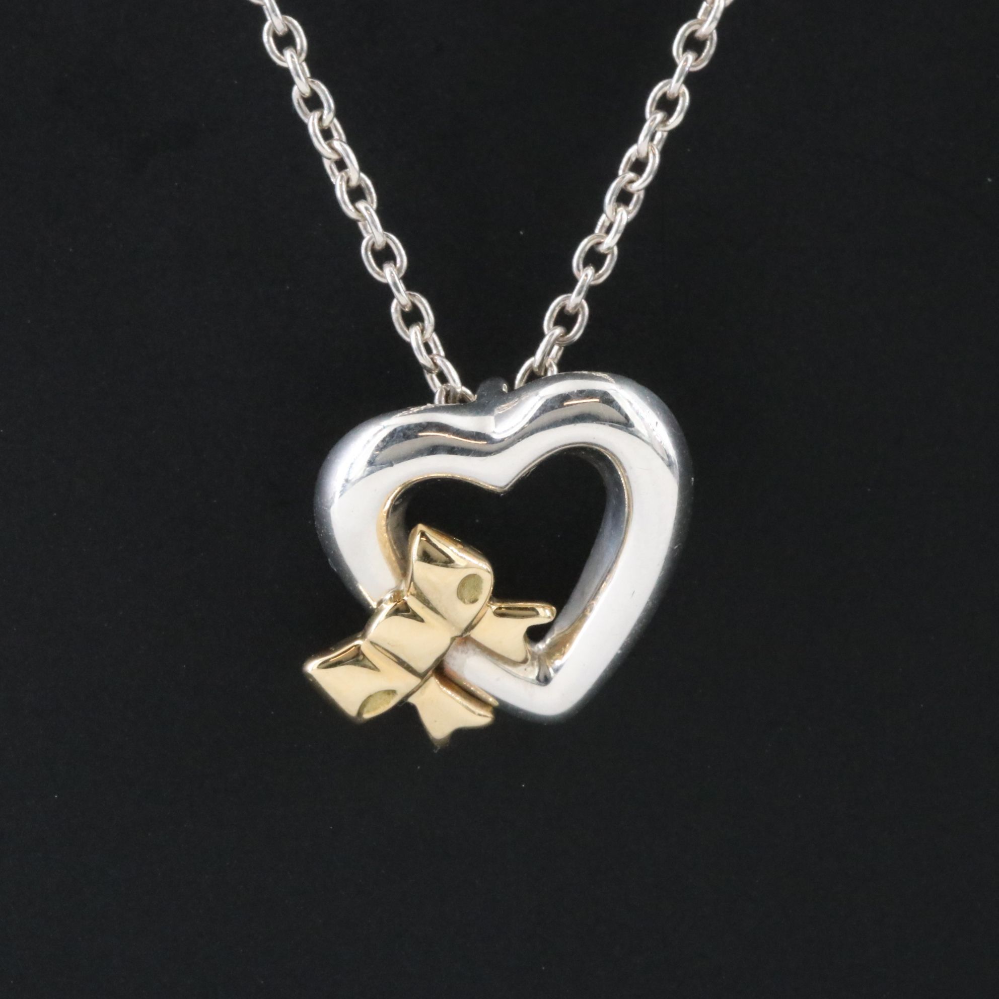 Tiffany & Co. Sterling Bow Heart Pendant on Chain Necklace