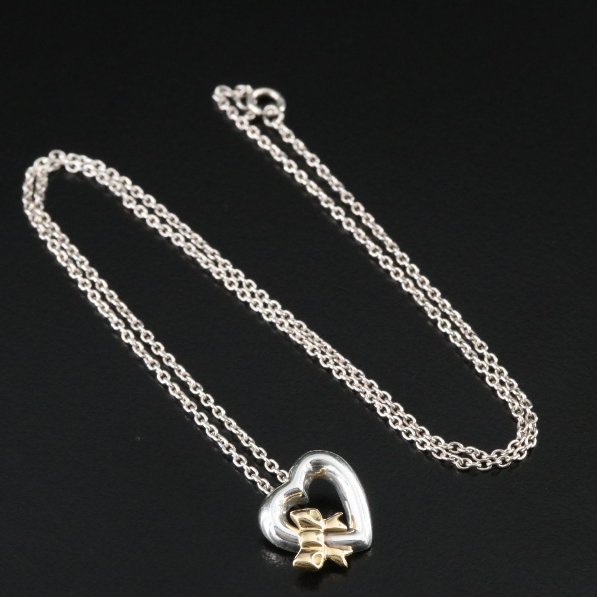 Tiffany & Co. Sterling Bow Heart Pendant on Chain Necklace