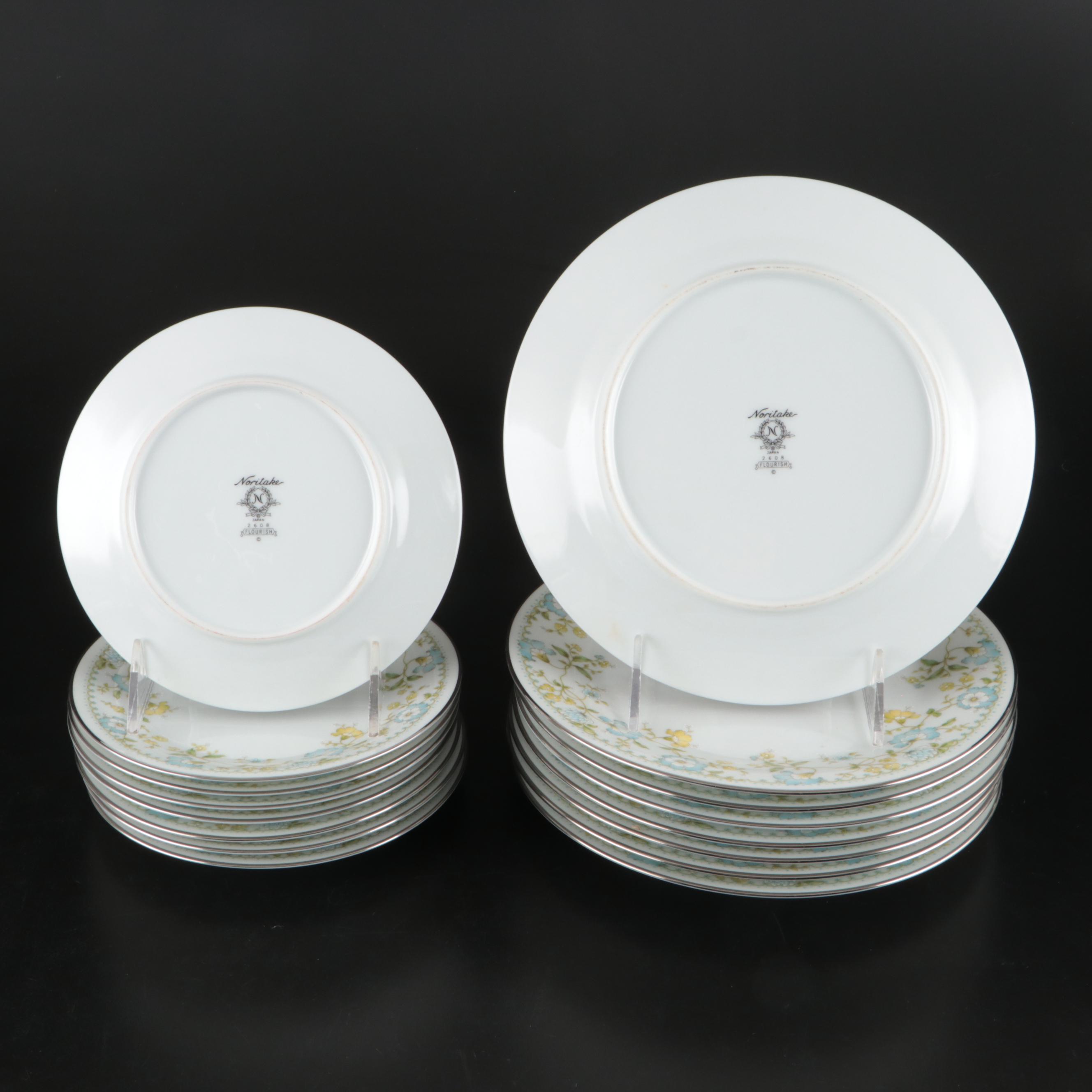 Noritake "Flourish" Porcelain Dinnerware and Serving Pieces, 1975–1984