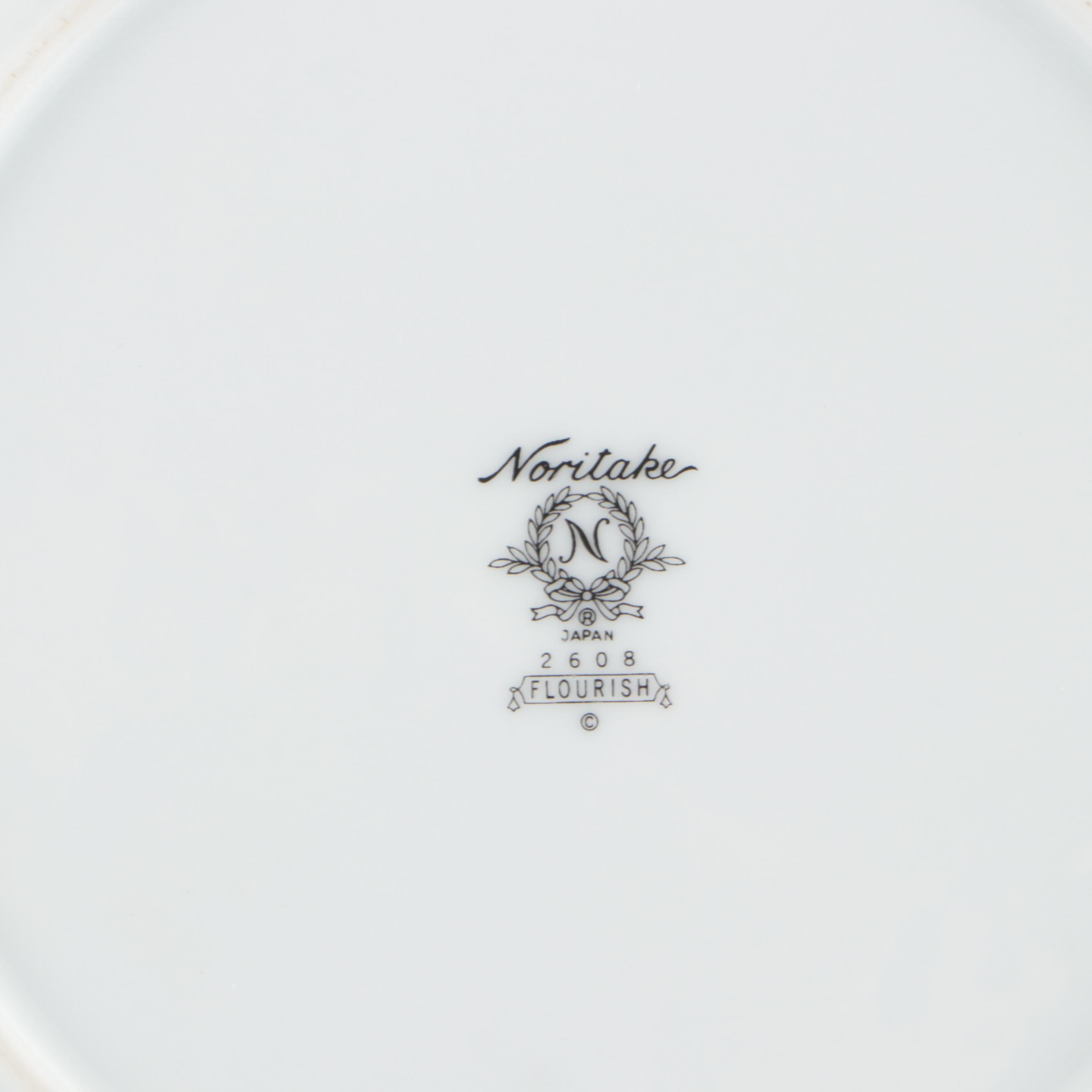 Noritake "Flourish" Porcelain Dinnerware and Serving Pieces, 1975–1984