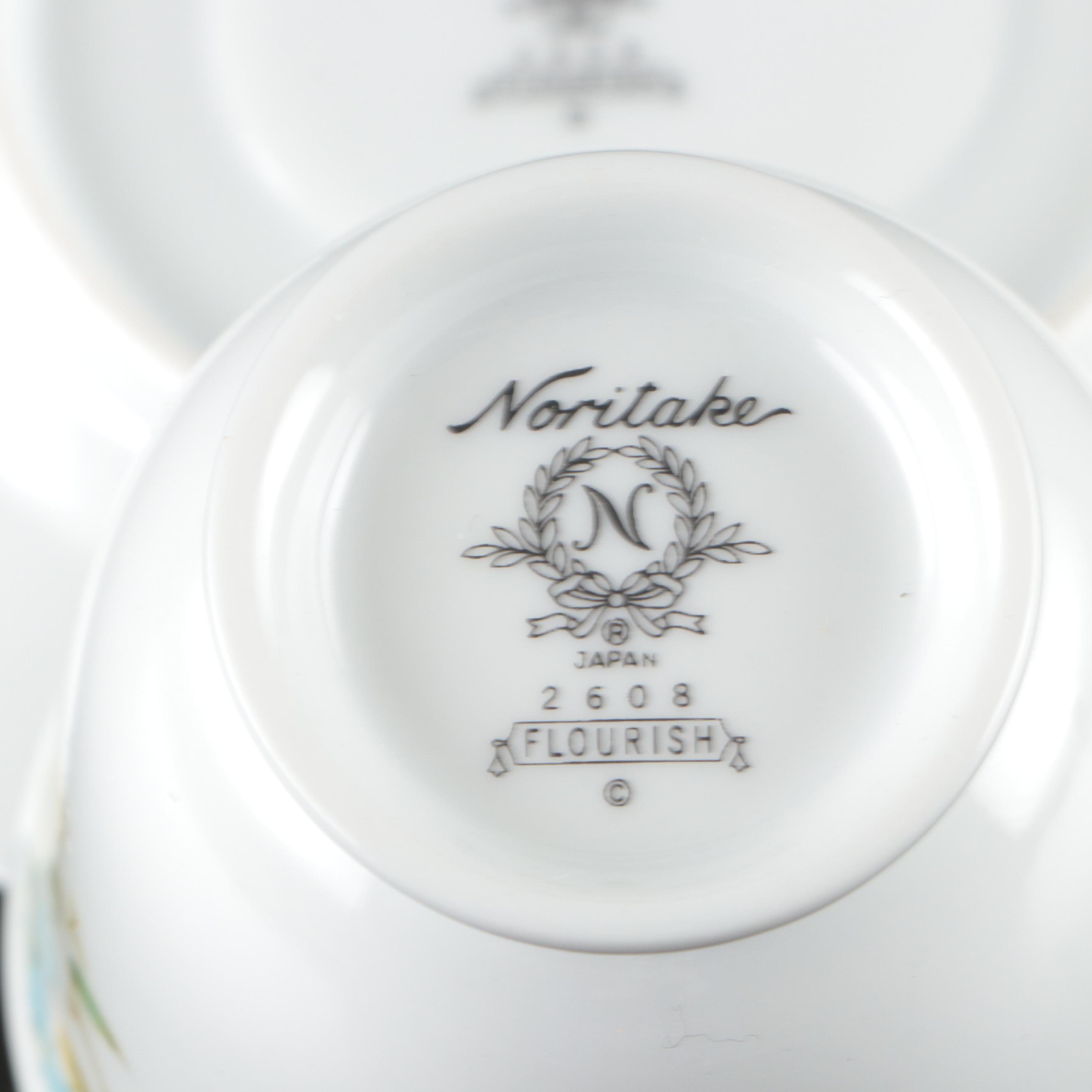 Noritake "Flourish" Porcelain Dinnerware and Serving Pieces, 1975–1984