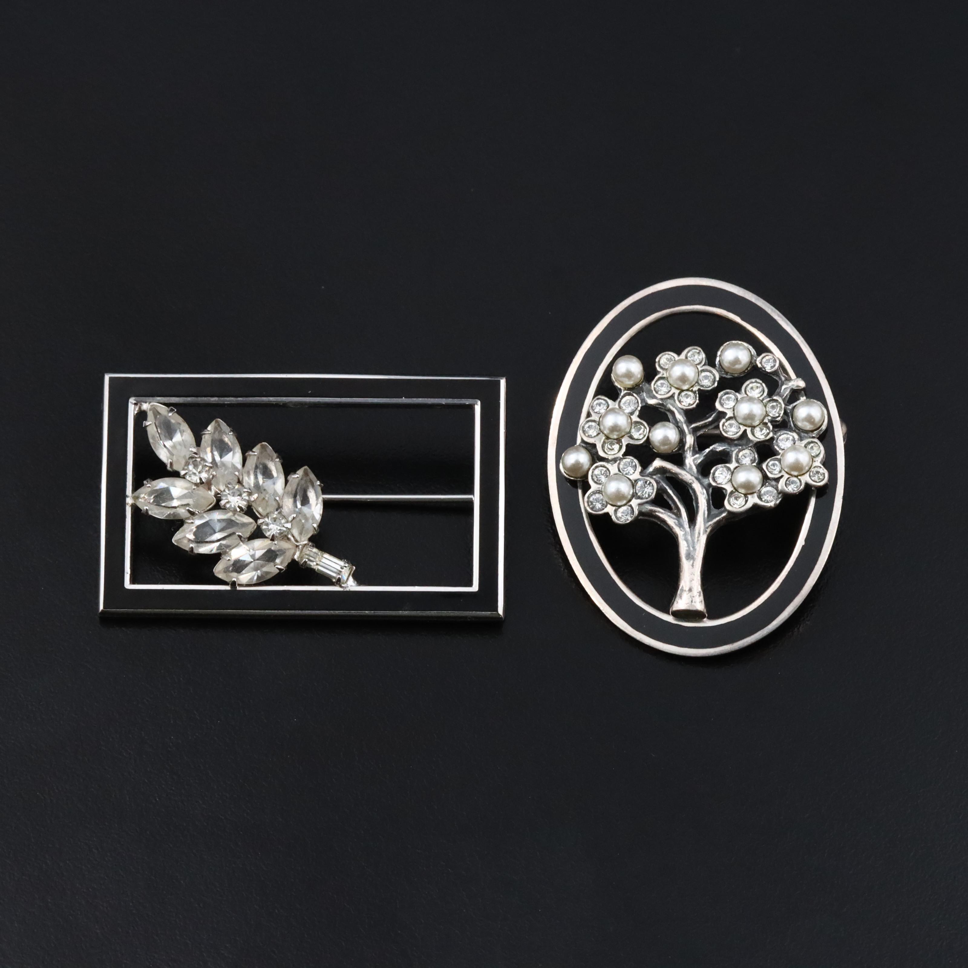 Sterling Tree and Floral Brooches with Crystal and Faux Pearl