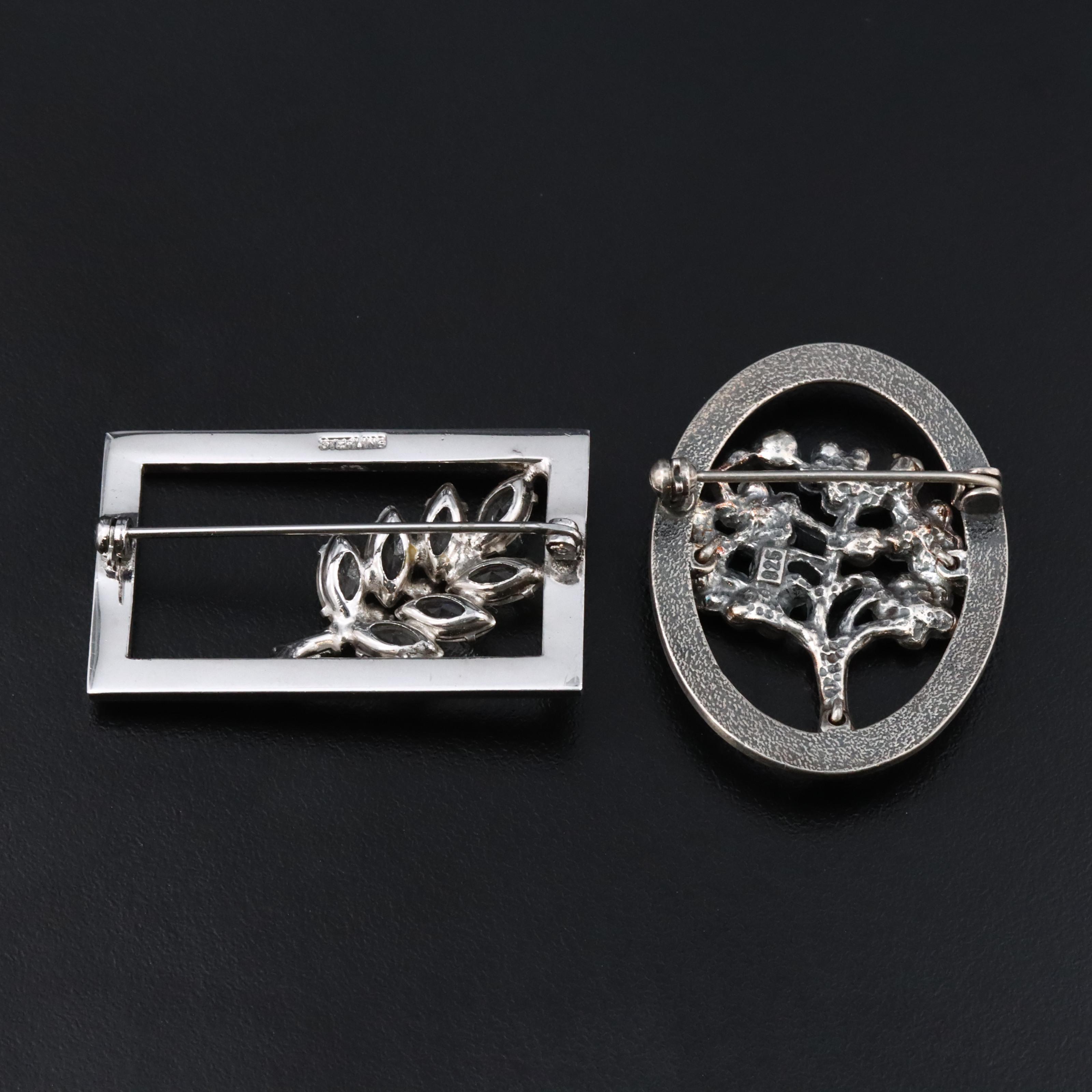Sterling Tree and Floral Brooches with Crystal and Faux Pearl
