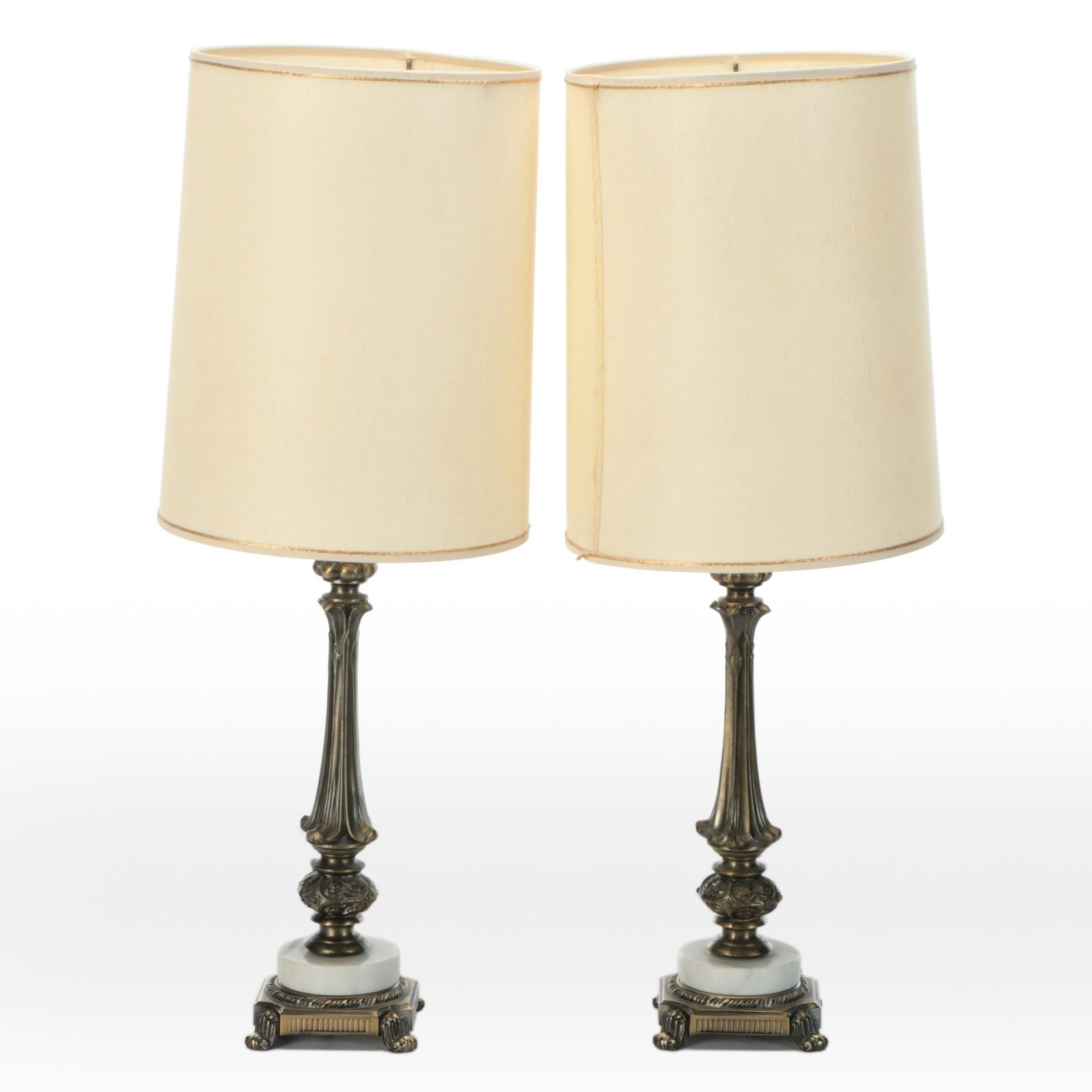 Pair of Aged Brass & Marble Candlestick Table Lamps with Drum Shades, Vintage