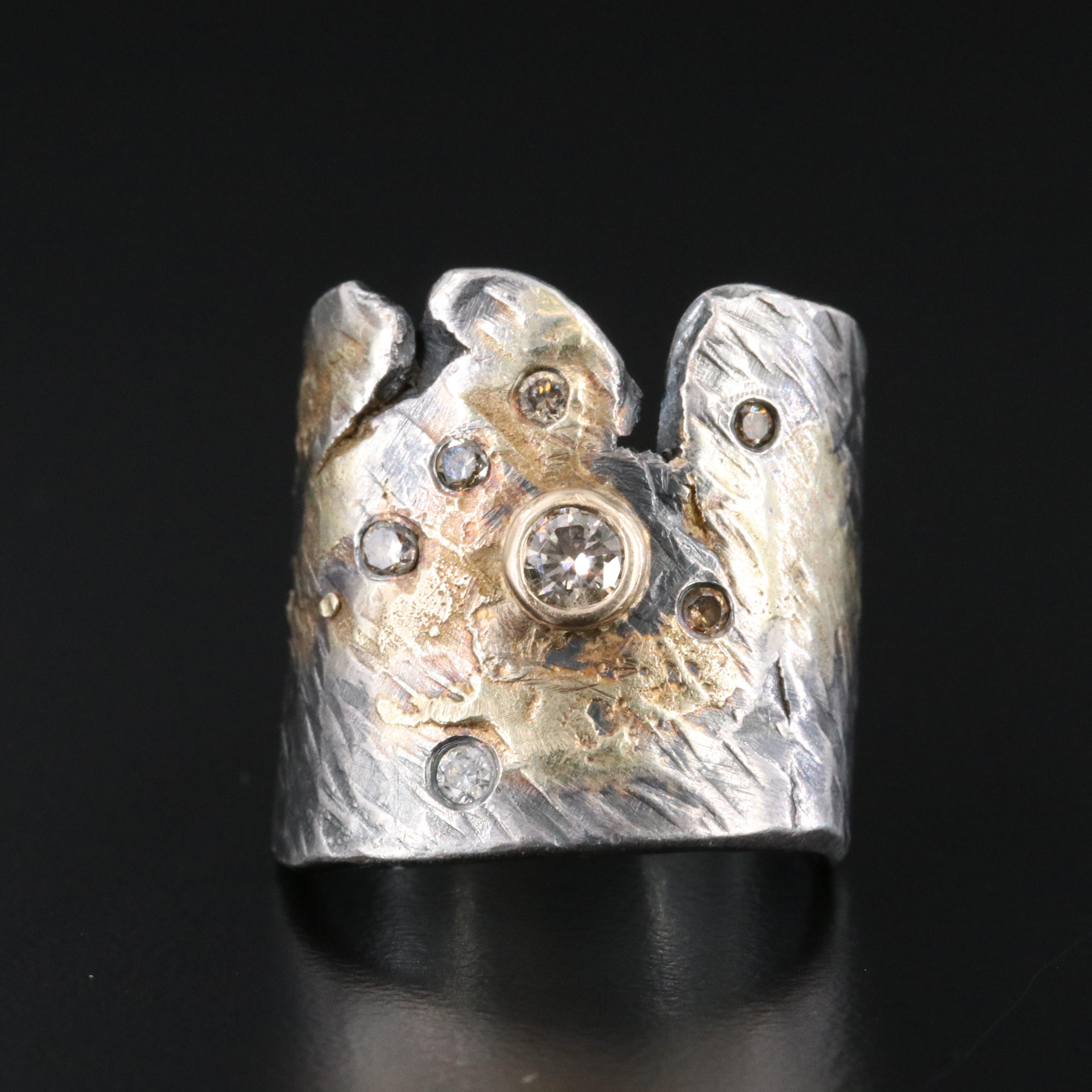 Sterling Diamond Ribbon Ring with 18K Accent and Fancy Diamonds