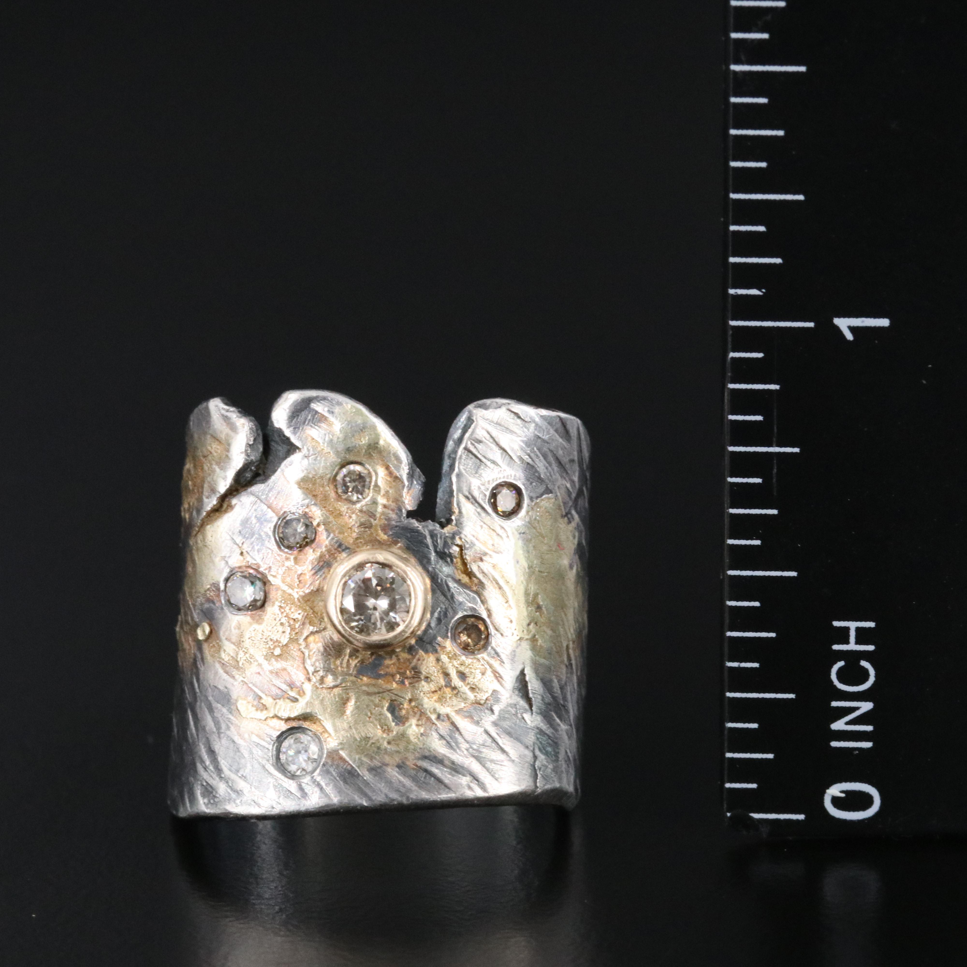 Sterling Diamond Ribbon Ring with 18K Accent and Fancy Diamonds