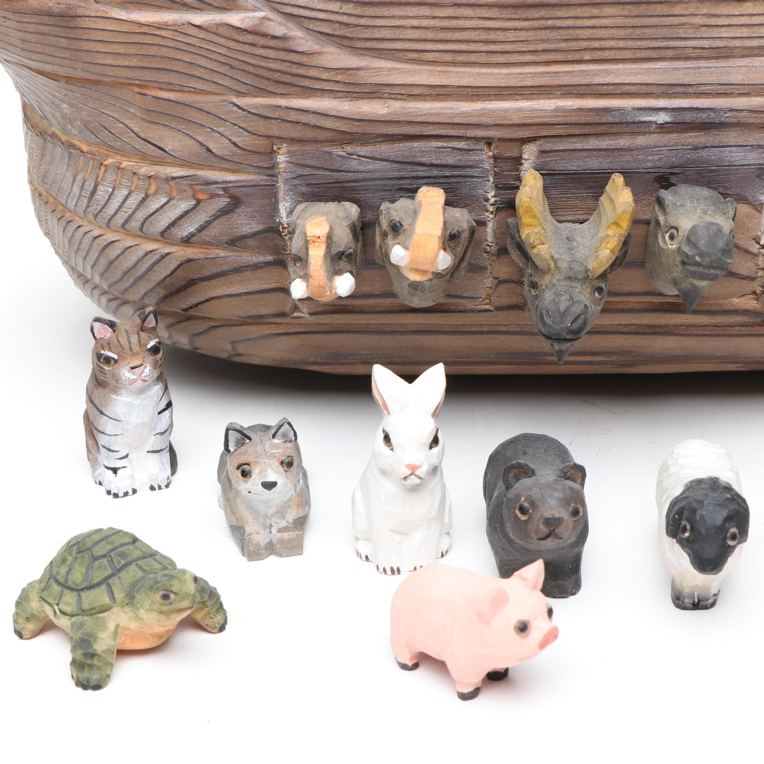 Russian Hand-Carved Wood Noah's Ark with Polychrome Animals