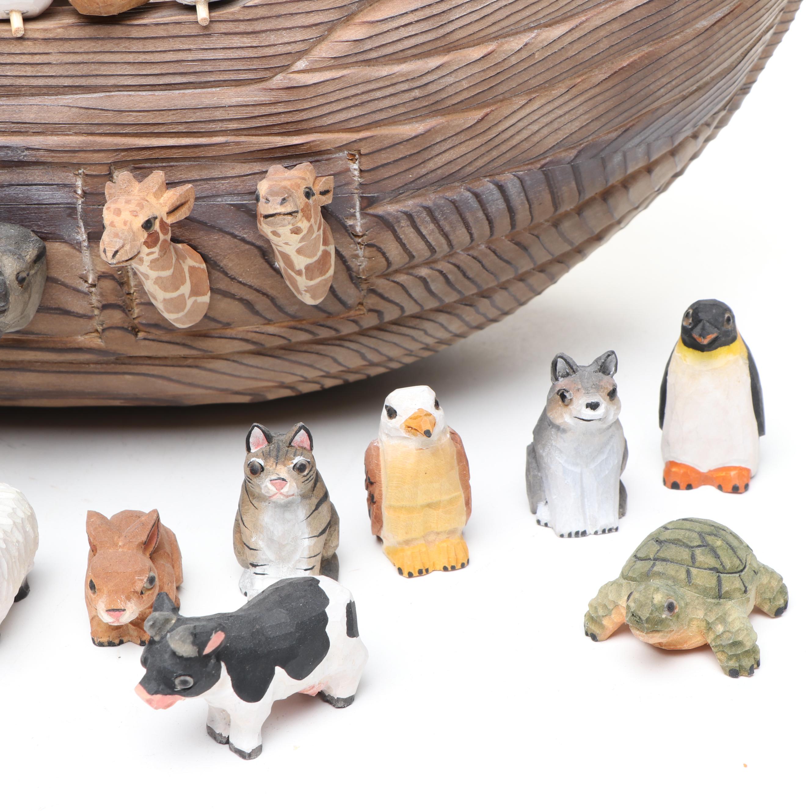 Russian Hand-Carved Wood Noah's Ark with Polychrome Animals