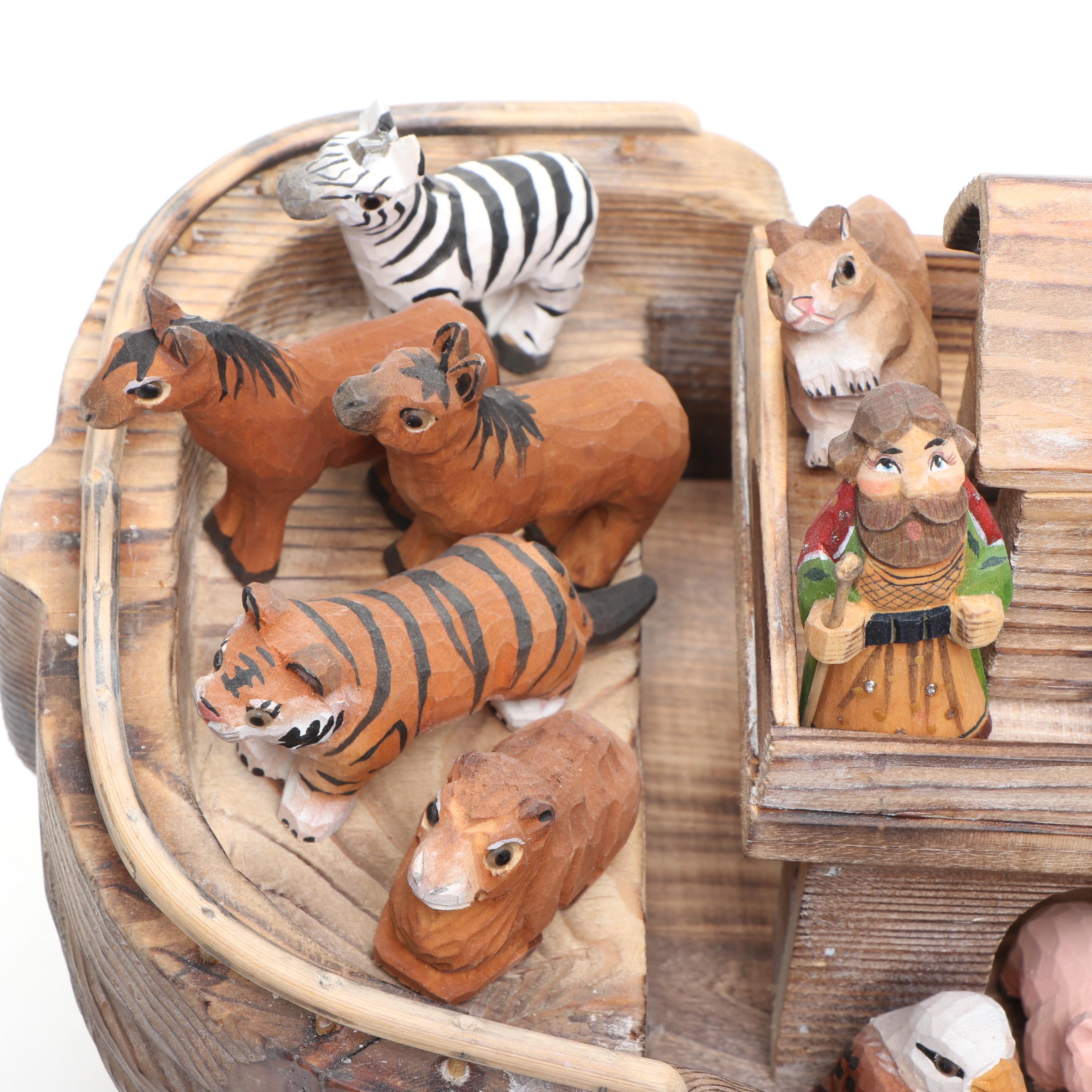 Russian Hand-Carved Wood Noah's Ark with Polychrome Animals