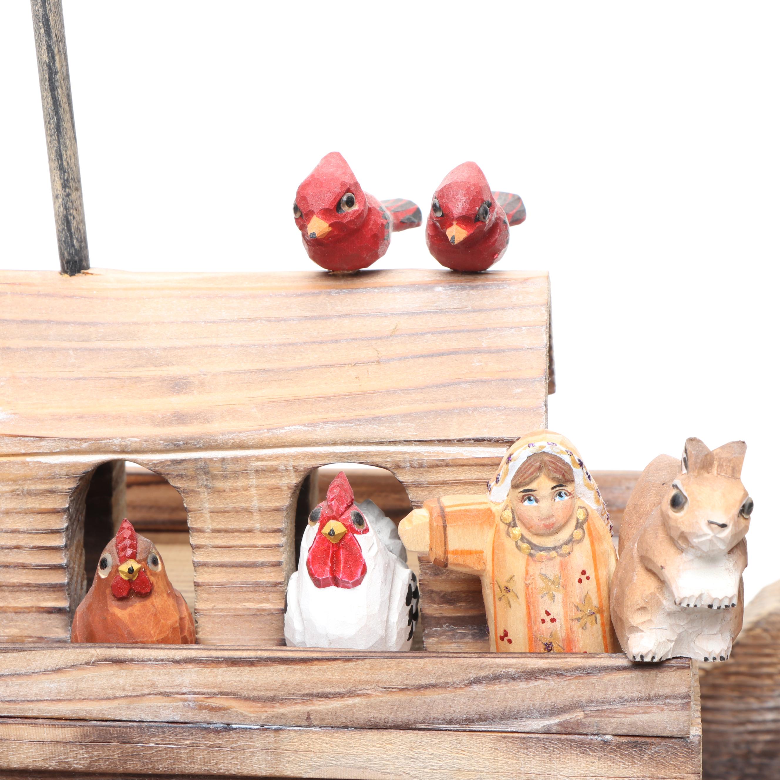 Russian Hand-Carved Wood Noah's Ark with Polychrome Animals