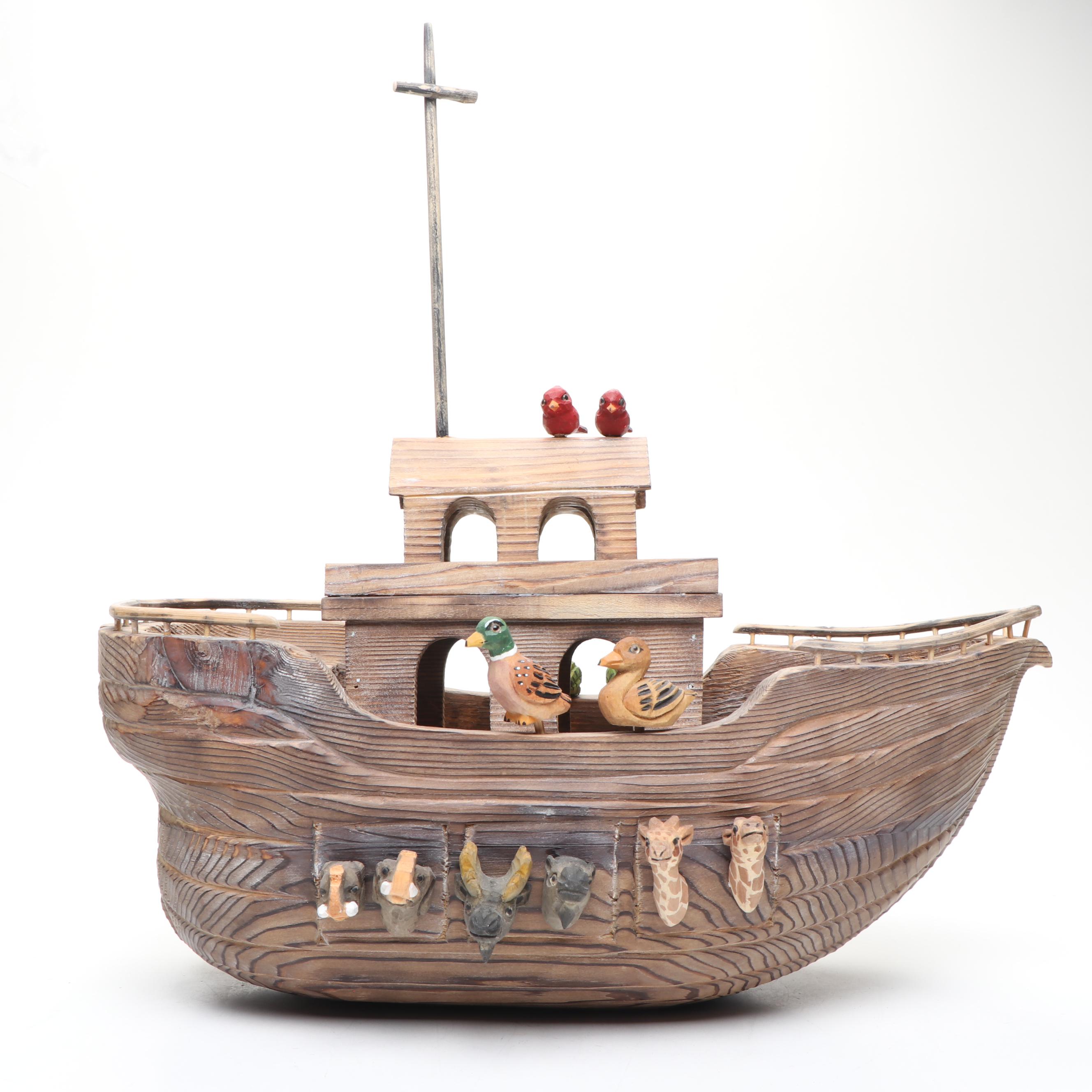 Russian Hand-Carved Wood Noah's Ark with Polychrome Animals
