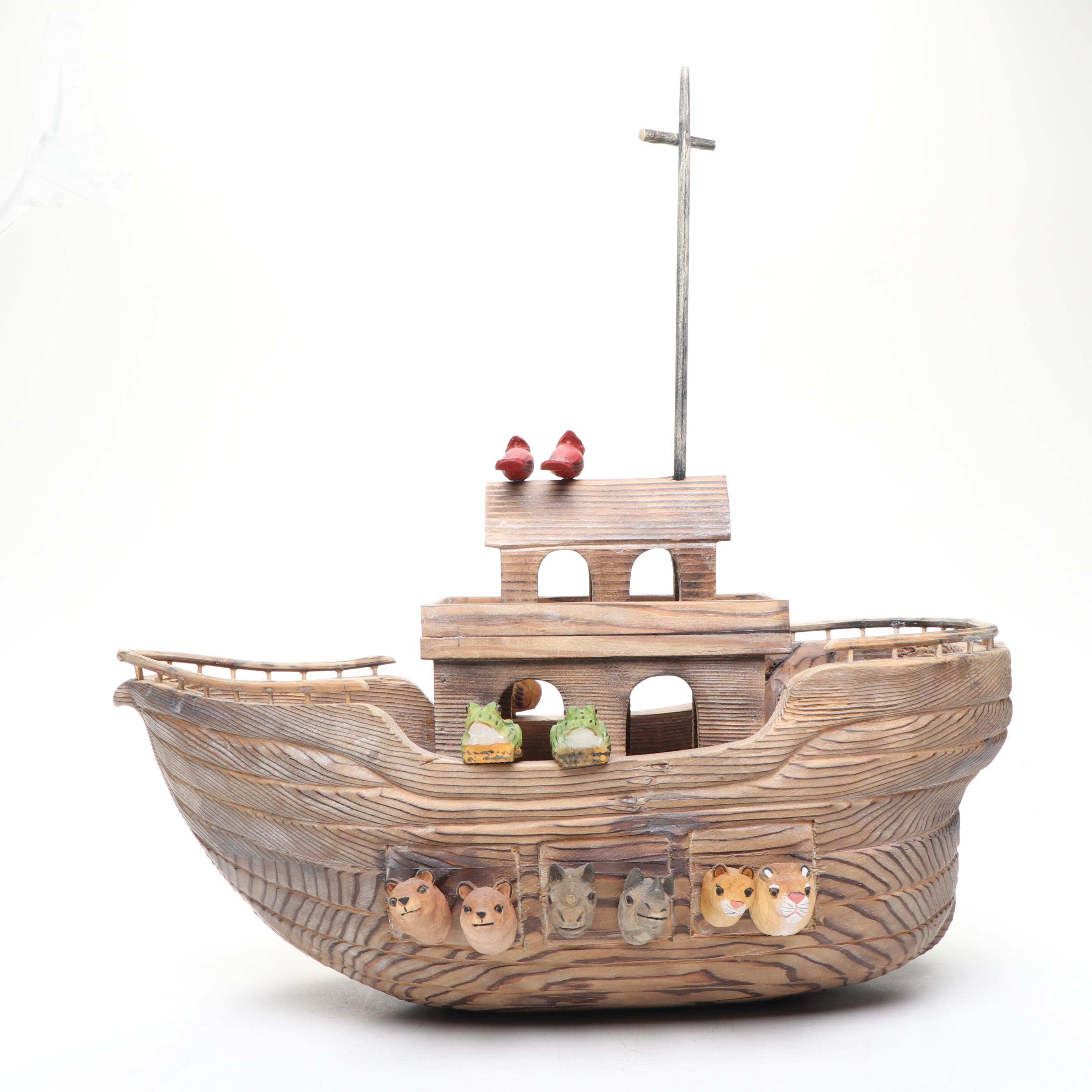 Russian Hand-Carved Wood Noah's Ark with Polychrome Animals