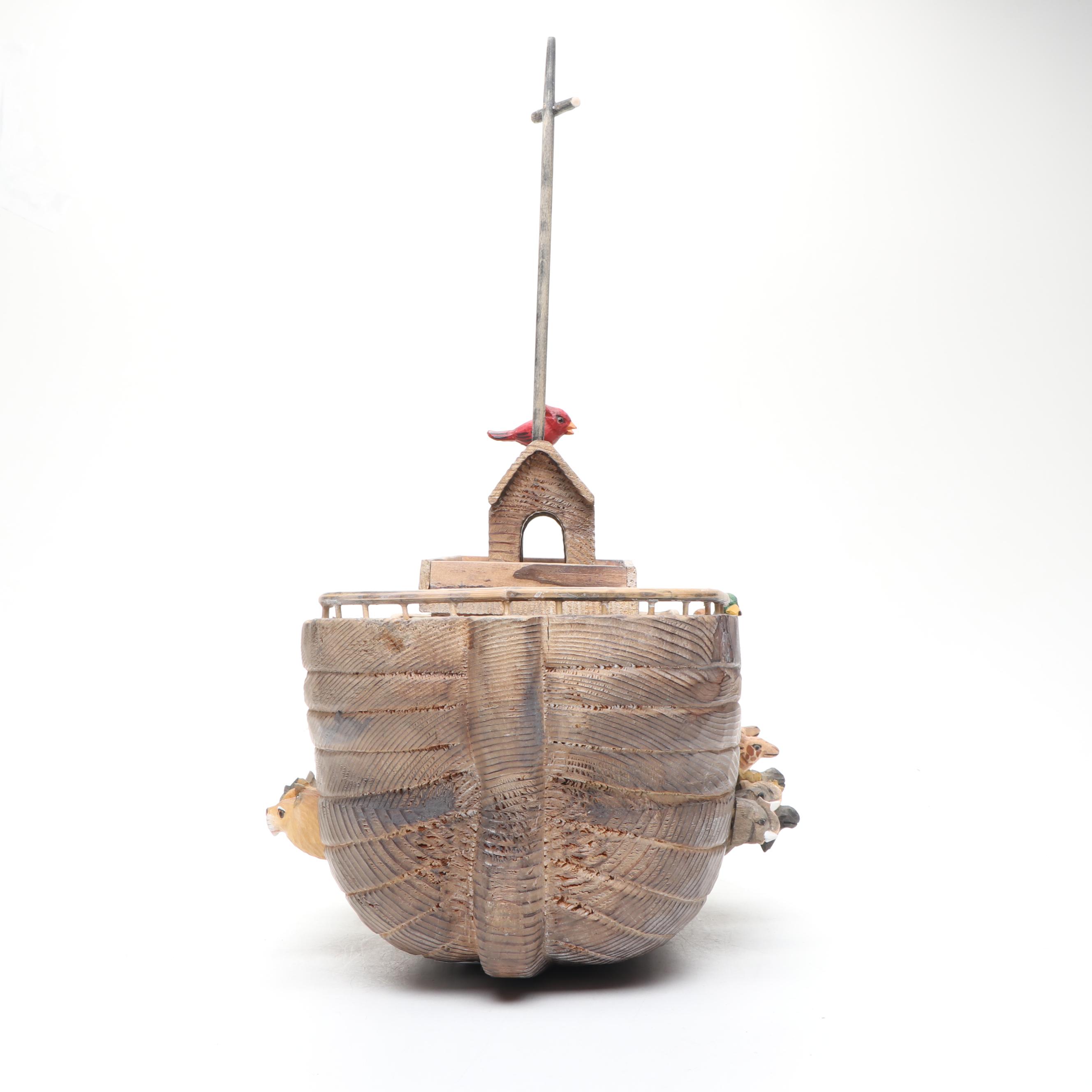 Russian Hand-Carved Wood Noah's Ark with Polychrome Animals