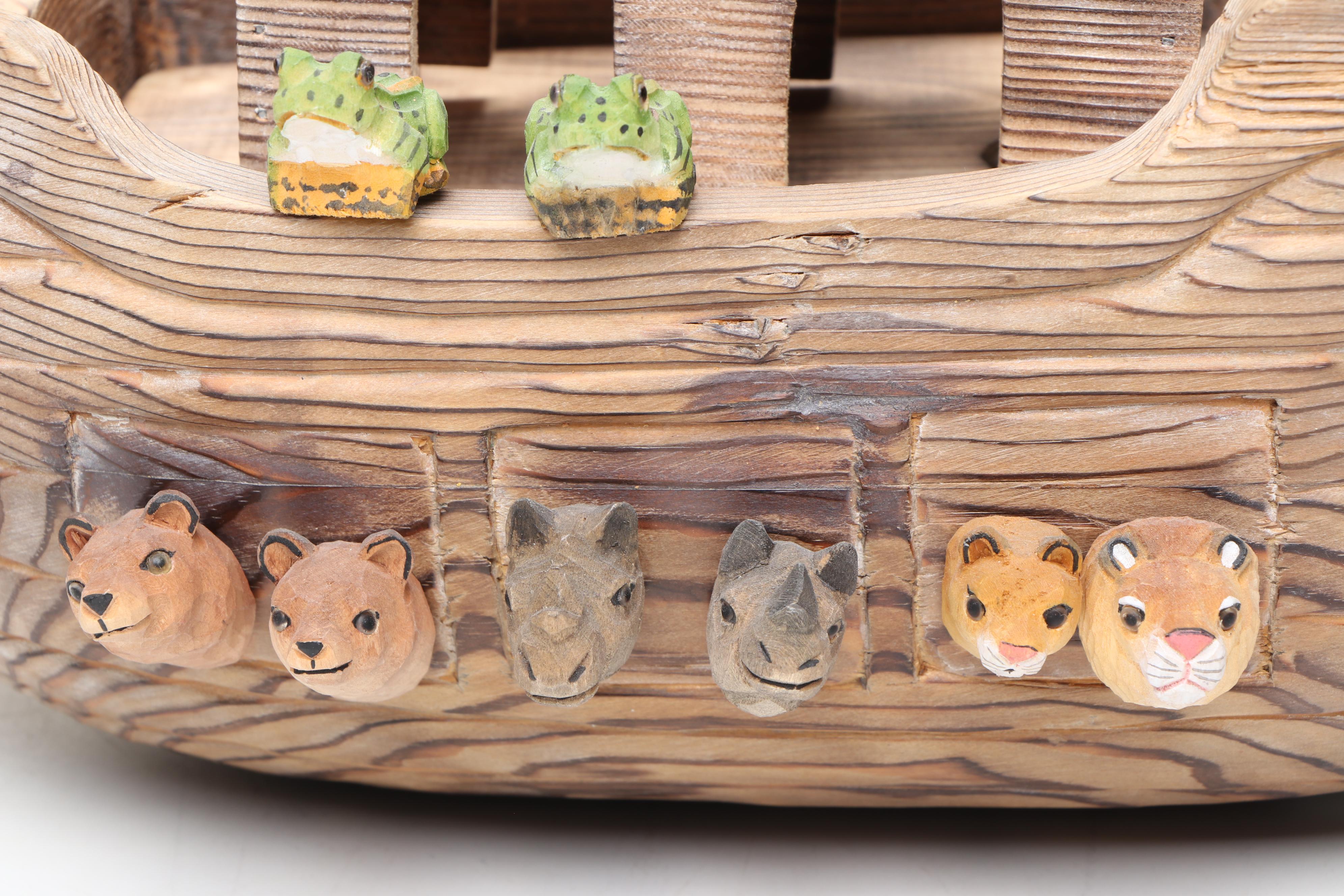 Russian Hand-Carved Wood Noah's Ark with Polychrome Animals