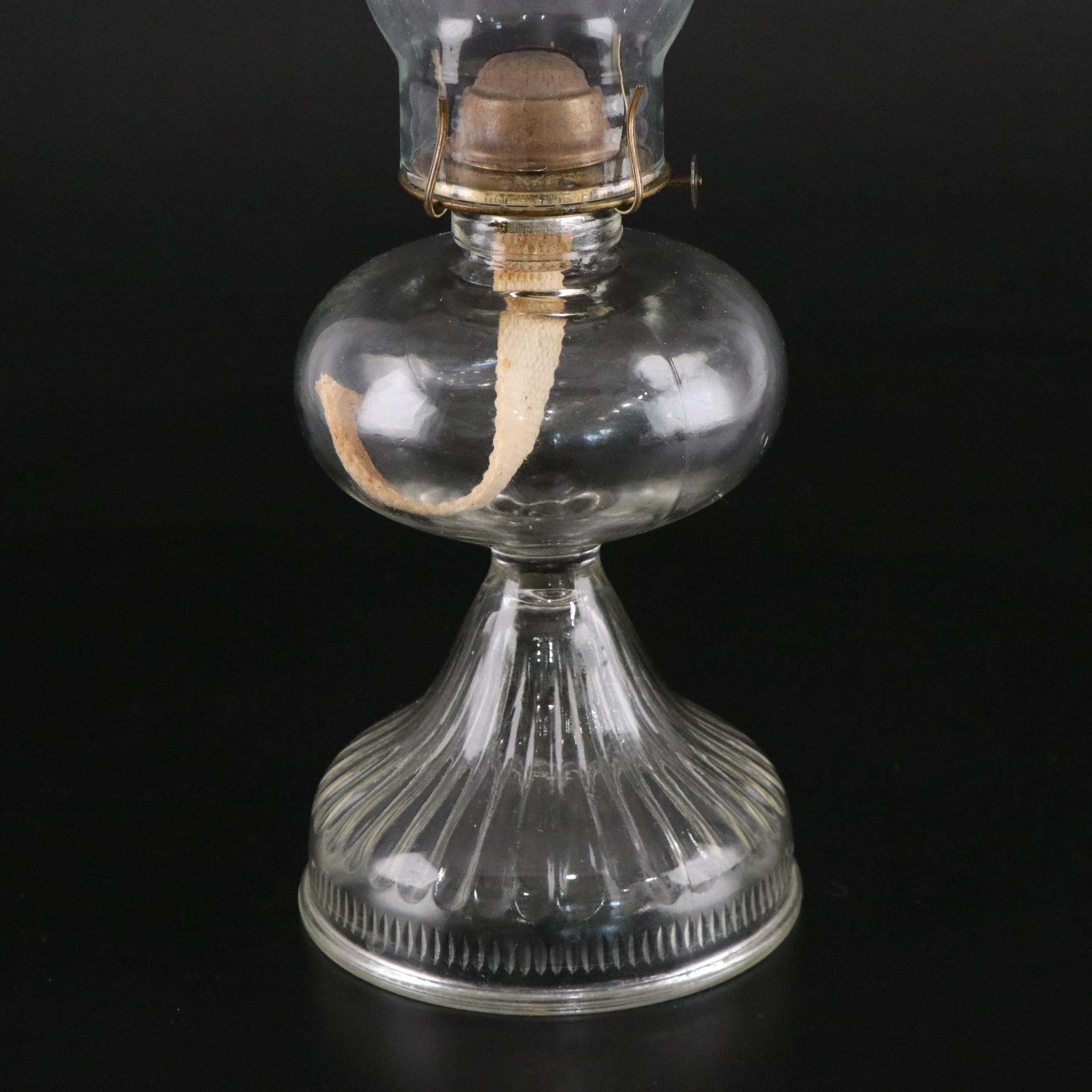 Pressed Glass Oil Lamp with Hurricane, Late 19th/Early 20th Century