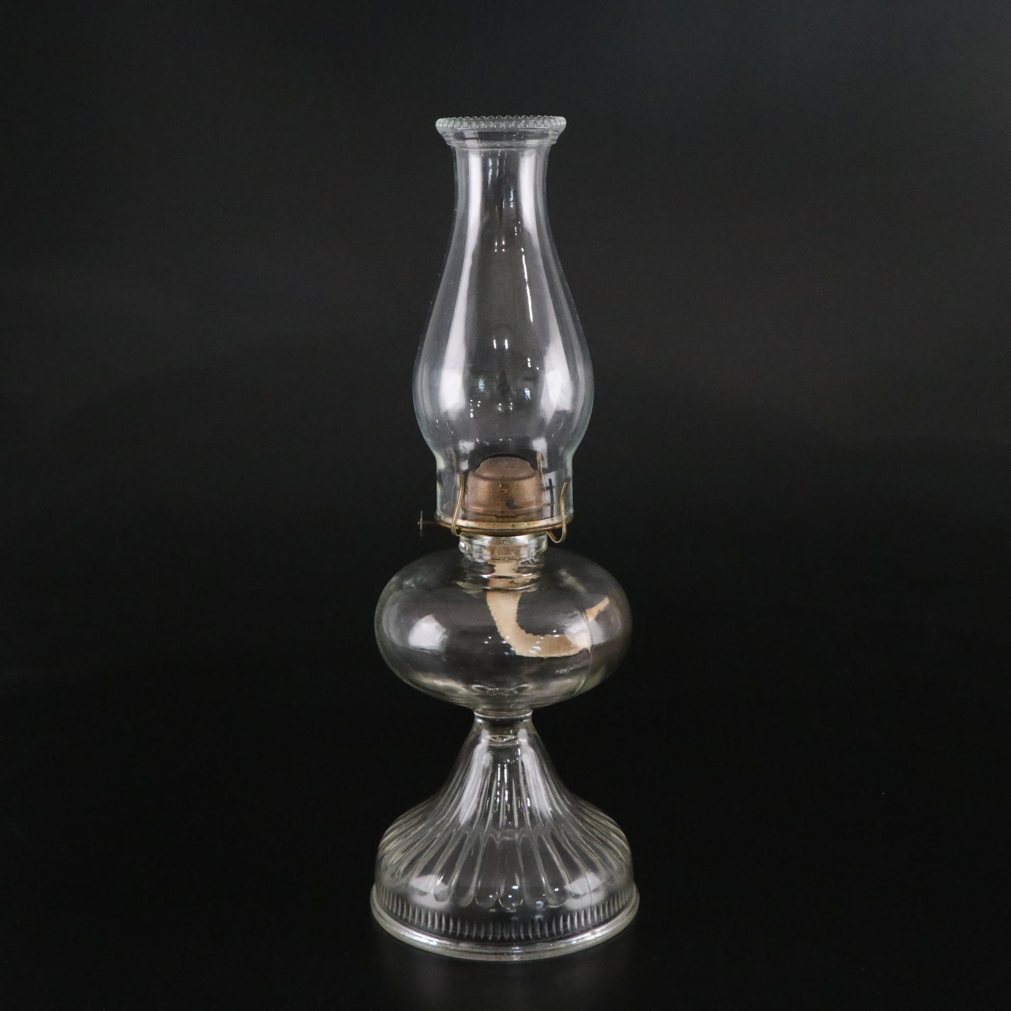 Pressed Glass Oil Lamp with Hurricane, Late 19th/Early 20th Century