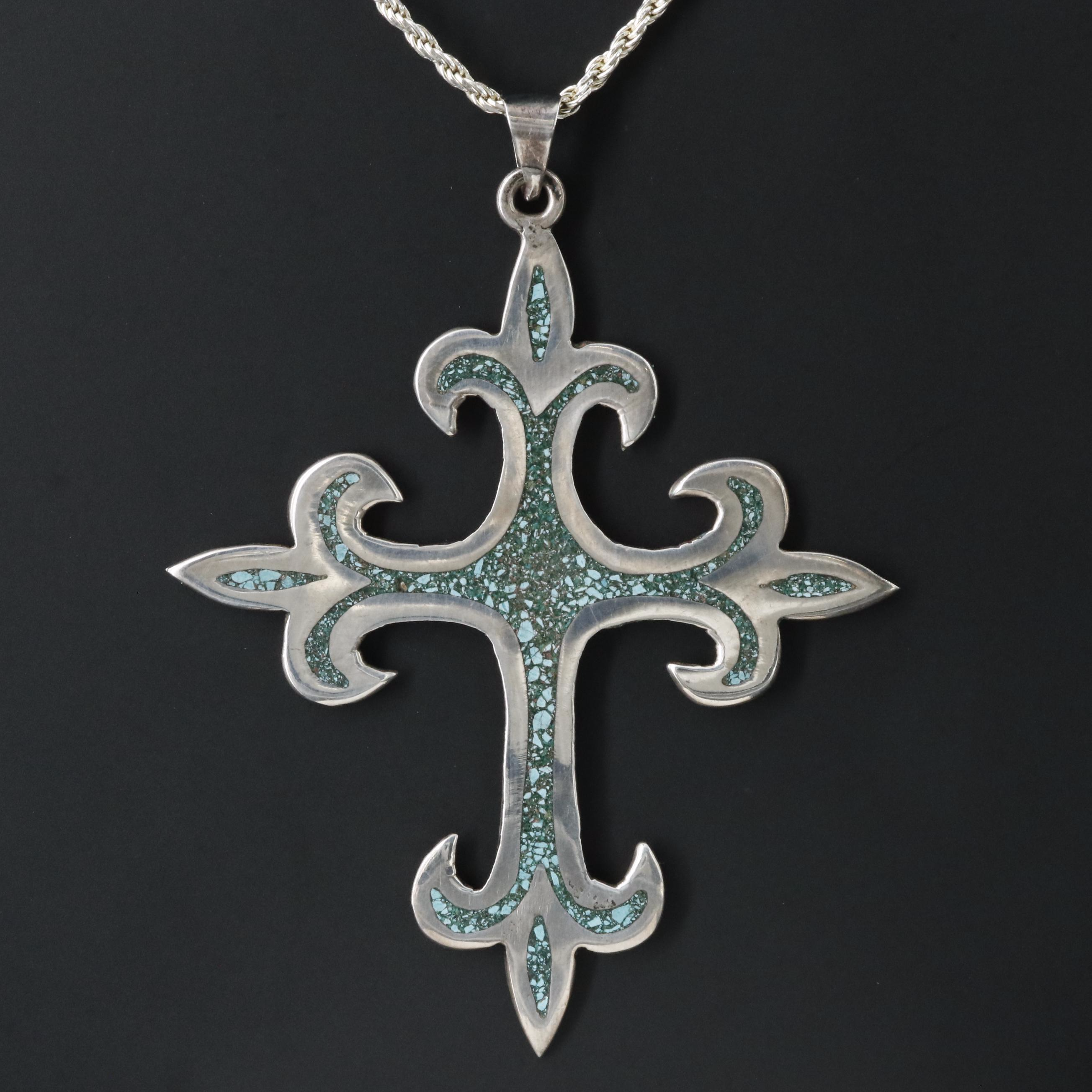Vintage Mexican Turquoise Cross Pendant Necklace