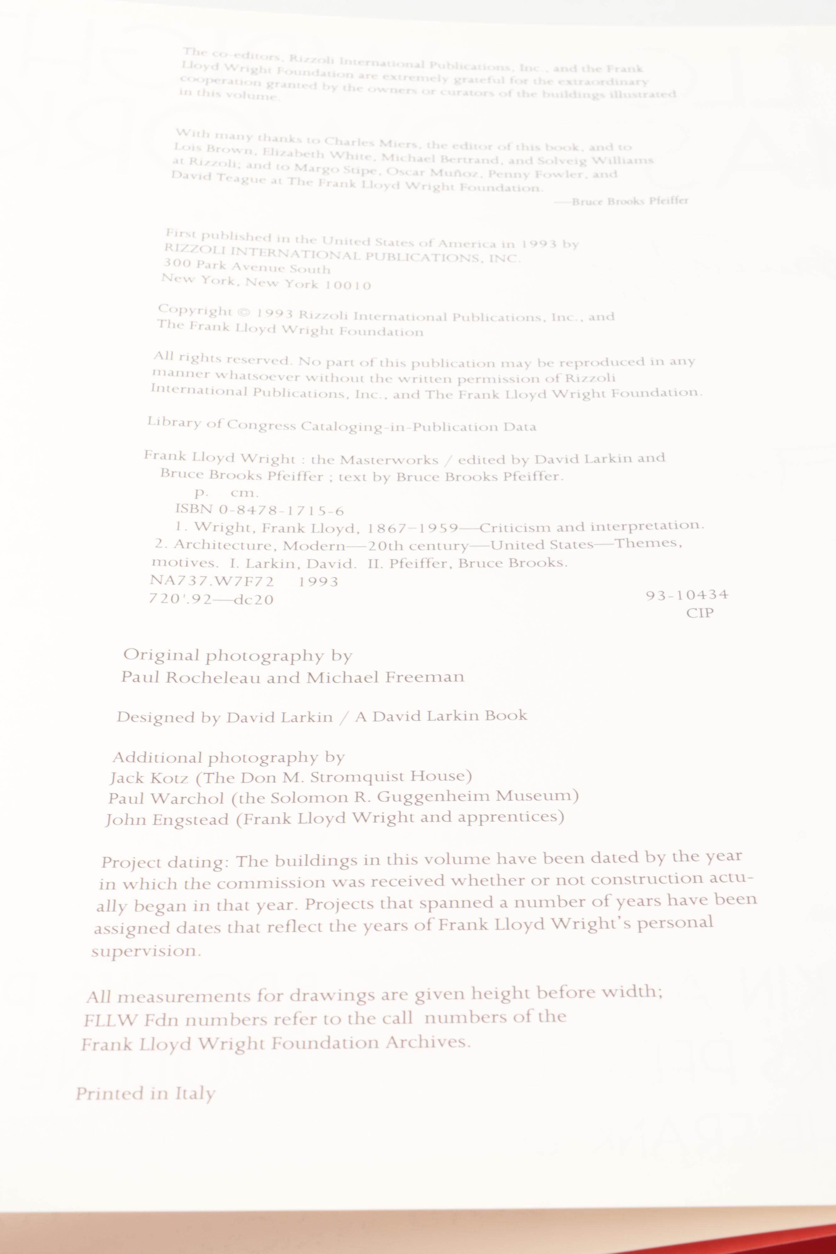 Signed First Edition "Frank Lloyd Wright: The Masterworks" by Bruce B. Pfeiffer