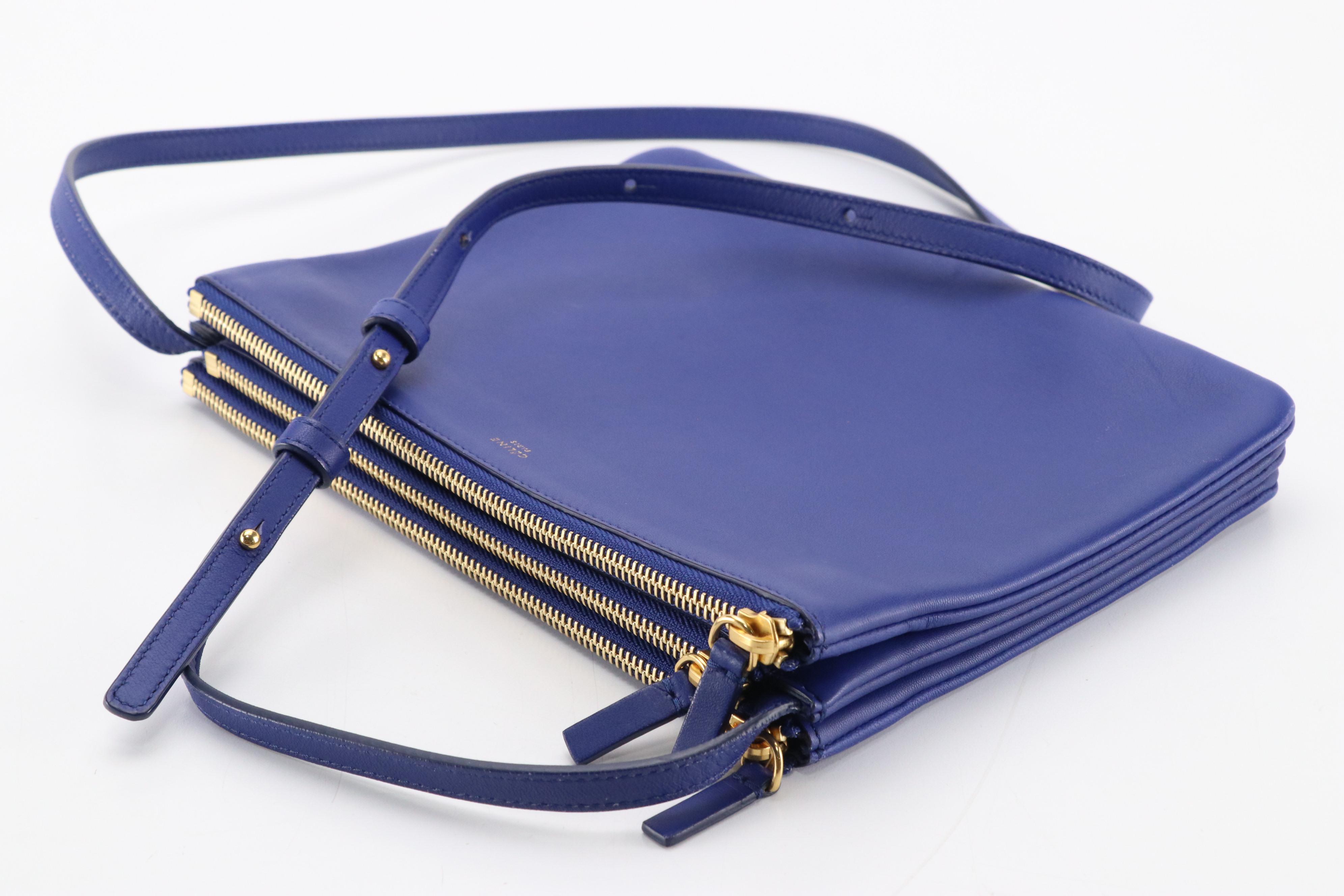 Céline Trio Zip Crossbody Bag in Sapphire Blue Calfskin Leather