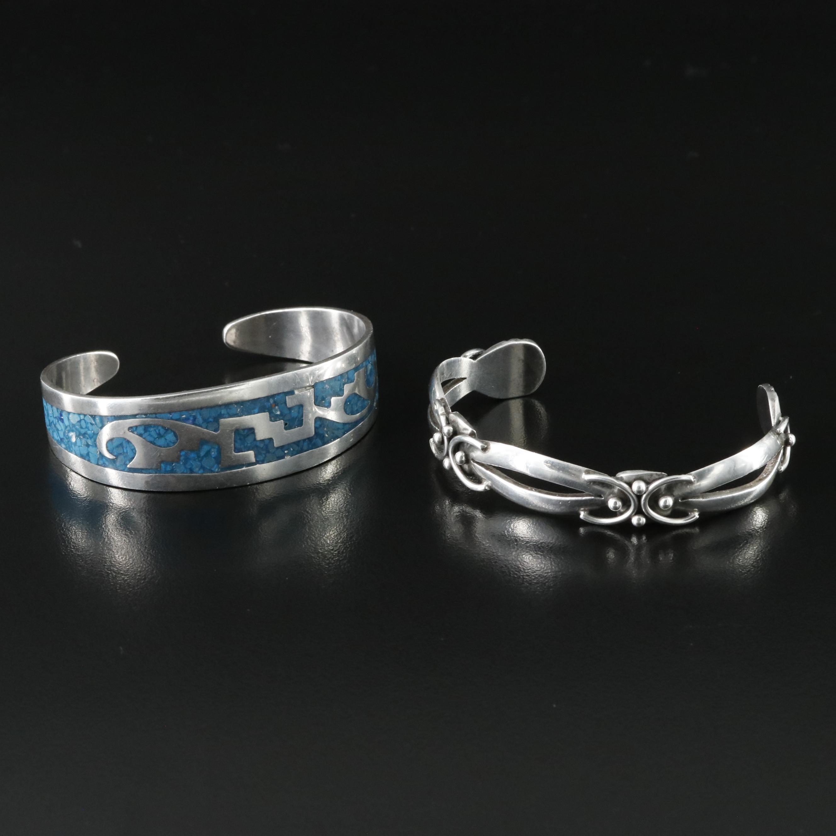 Vintage Taxco Mexican 950 Silver and Sterling Turquoise Cuff Bracelets