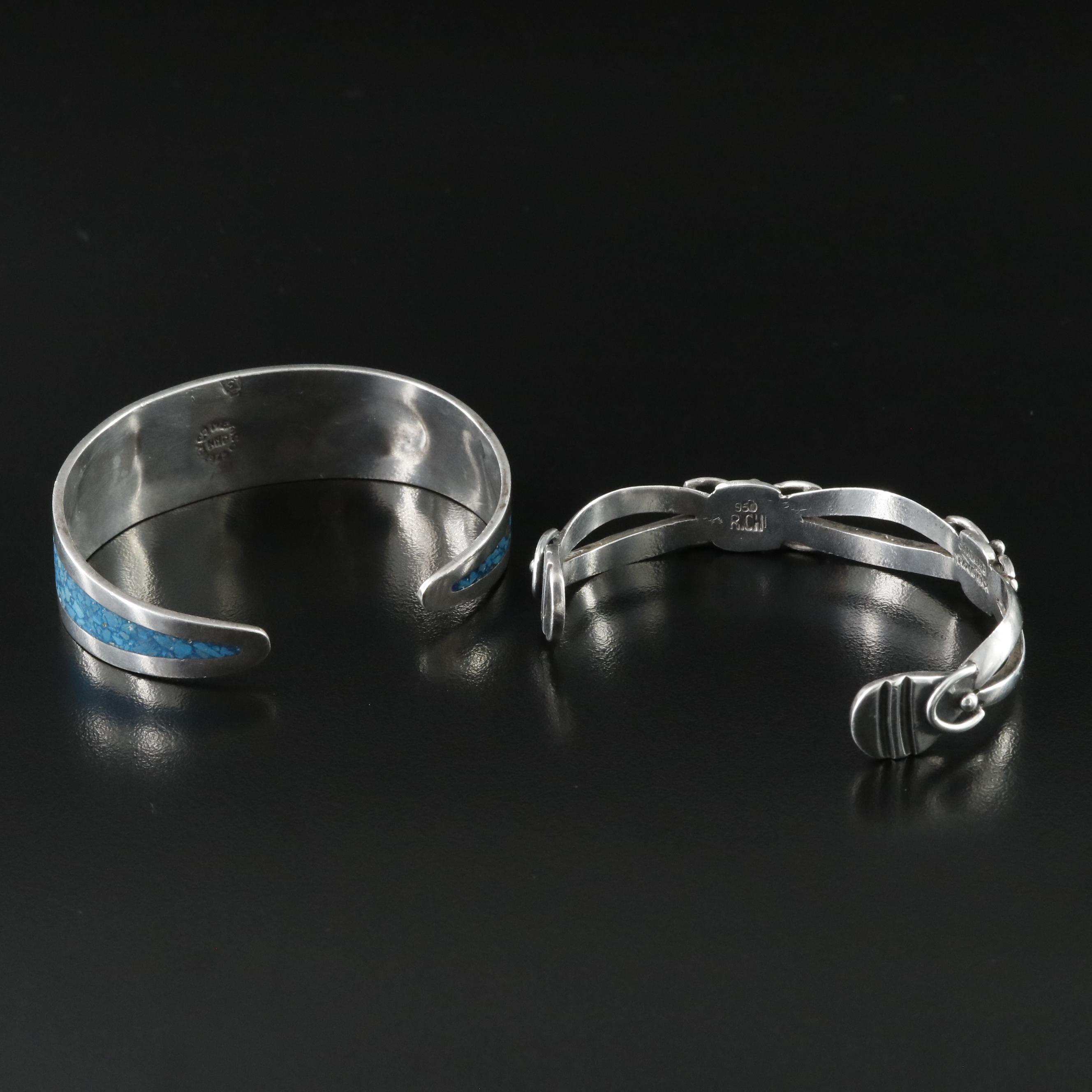 Vintage Taxco Mexican 950 Silver and Sterling Turquoise Cuff Bracelets