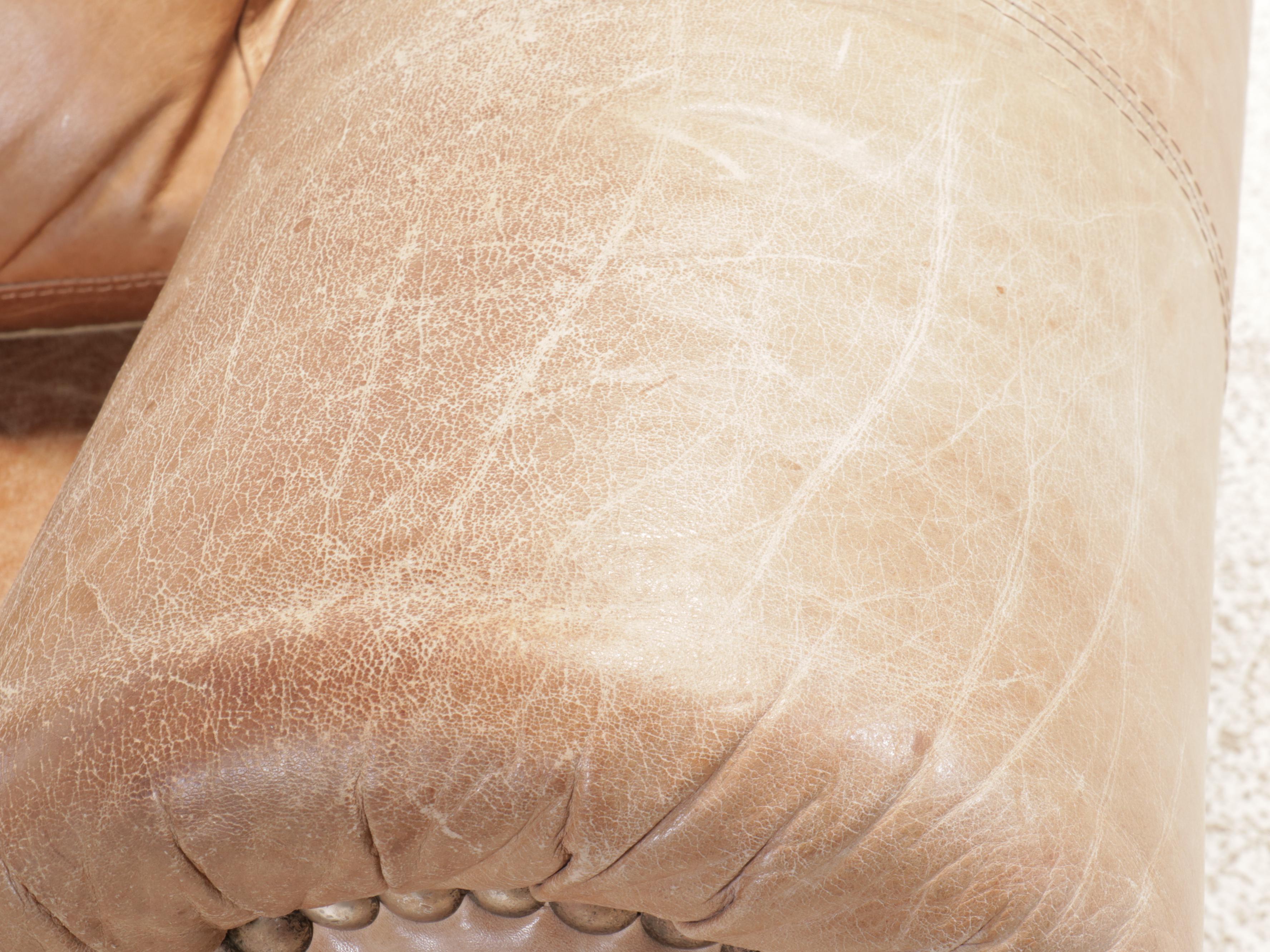 Tan Leather Sofa with Nailhead Trim