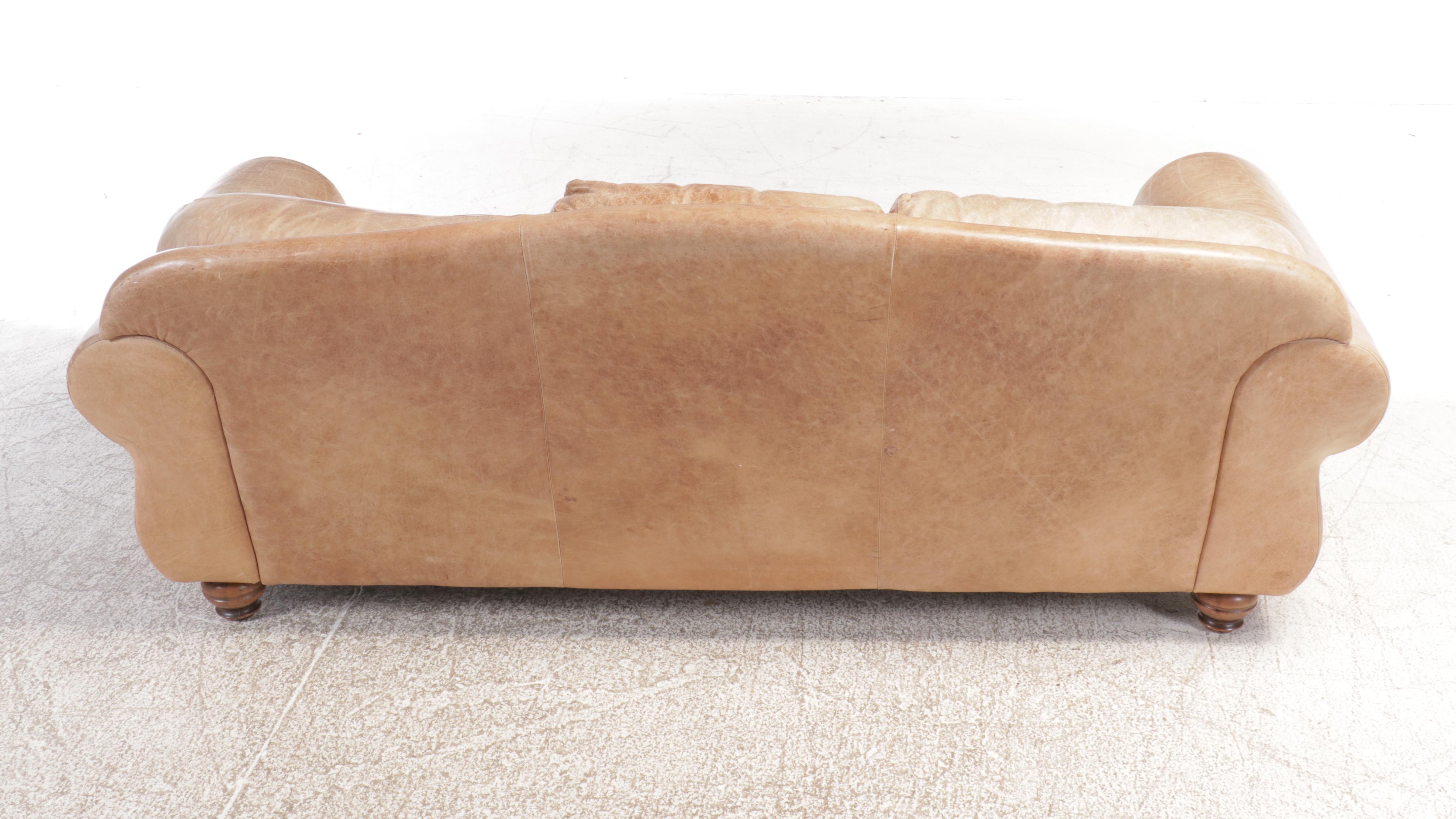 Tan Leather Sofa with Nailhead Trim