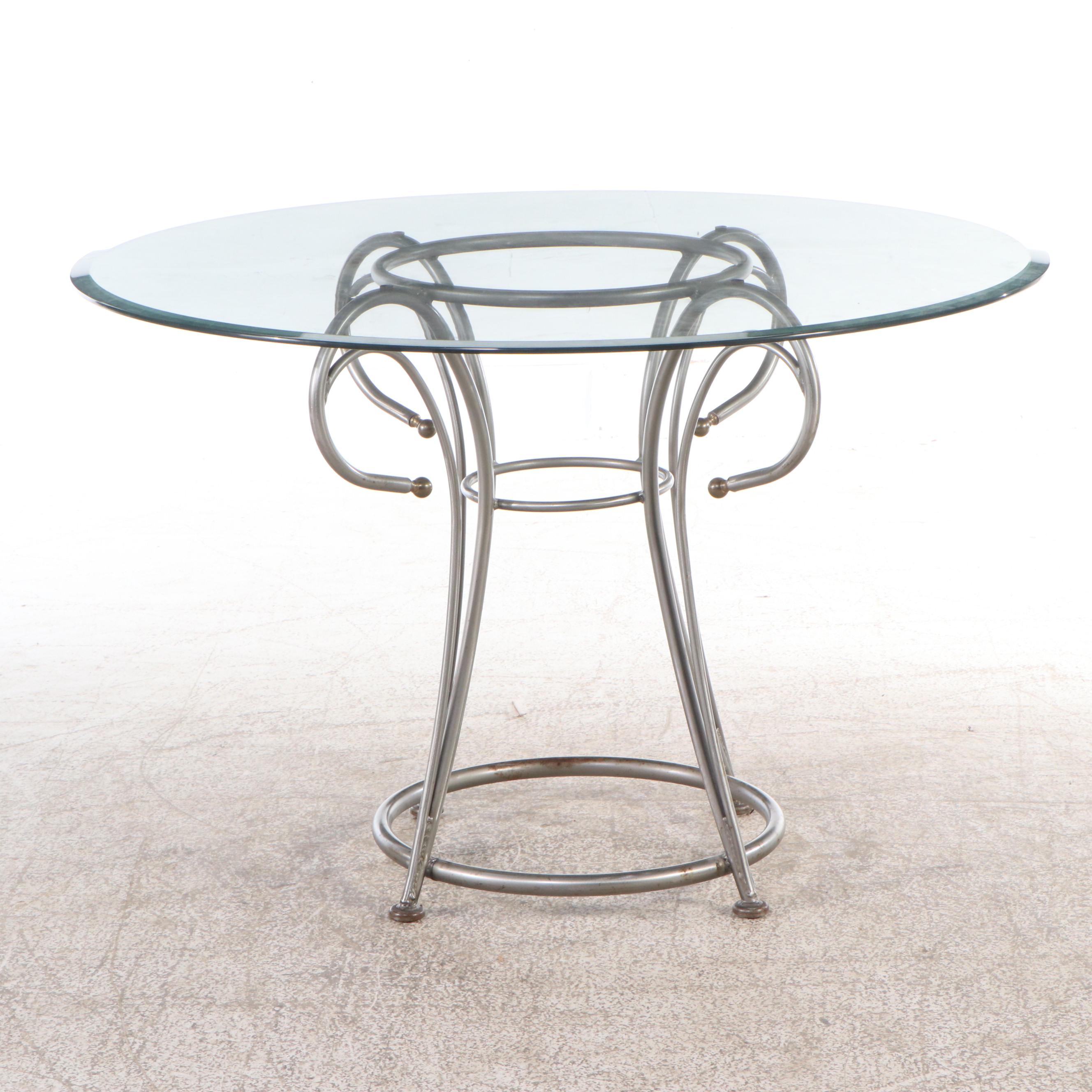 Five-Piece Pearl Vinyl Upholstered Scrollwork Steel and Gold Tip Dining Set