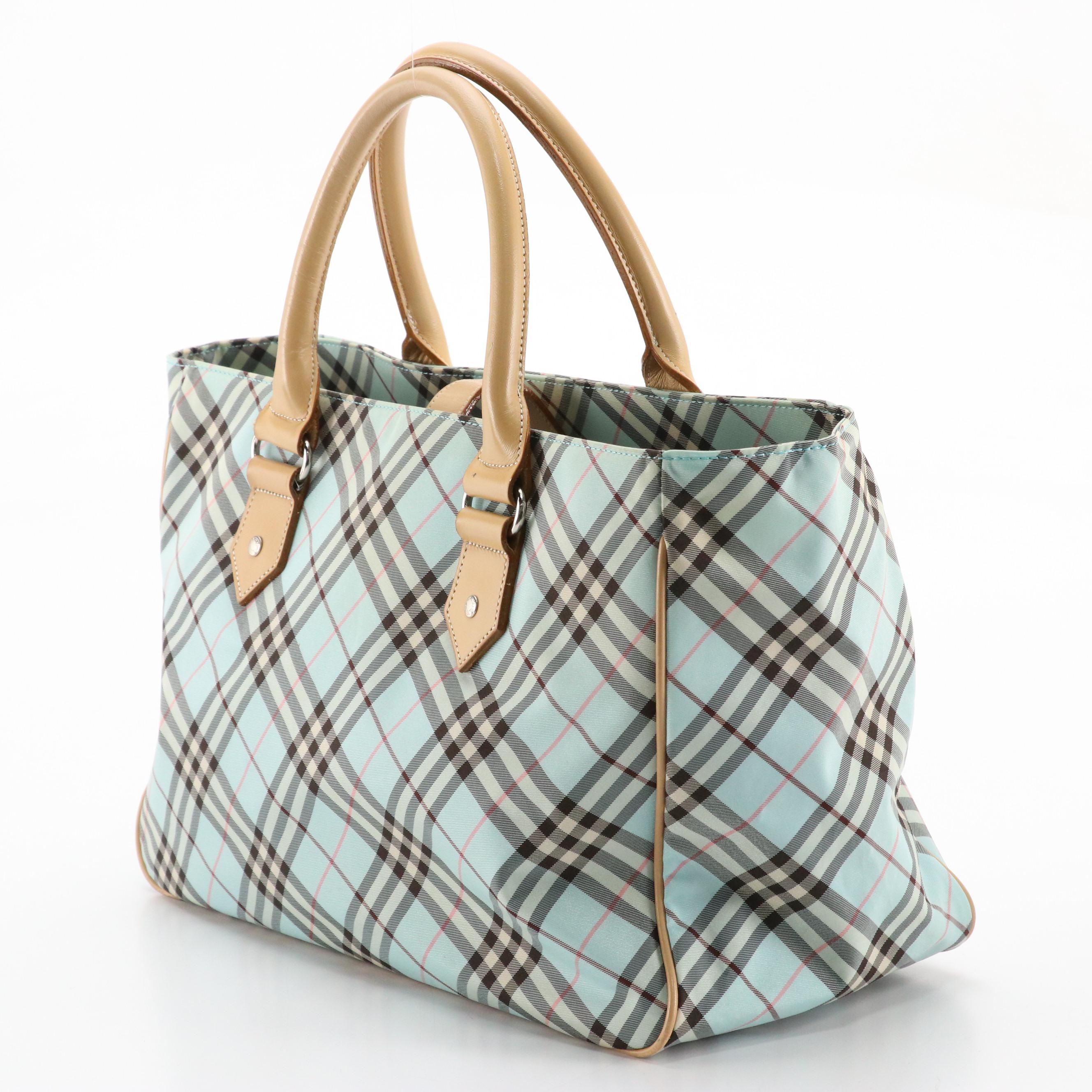 Burberry Blue Label Tote in Blue Nova Check Nylon Canvas and Beige Leather Trim