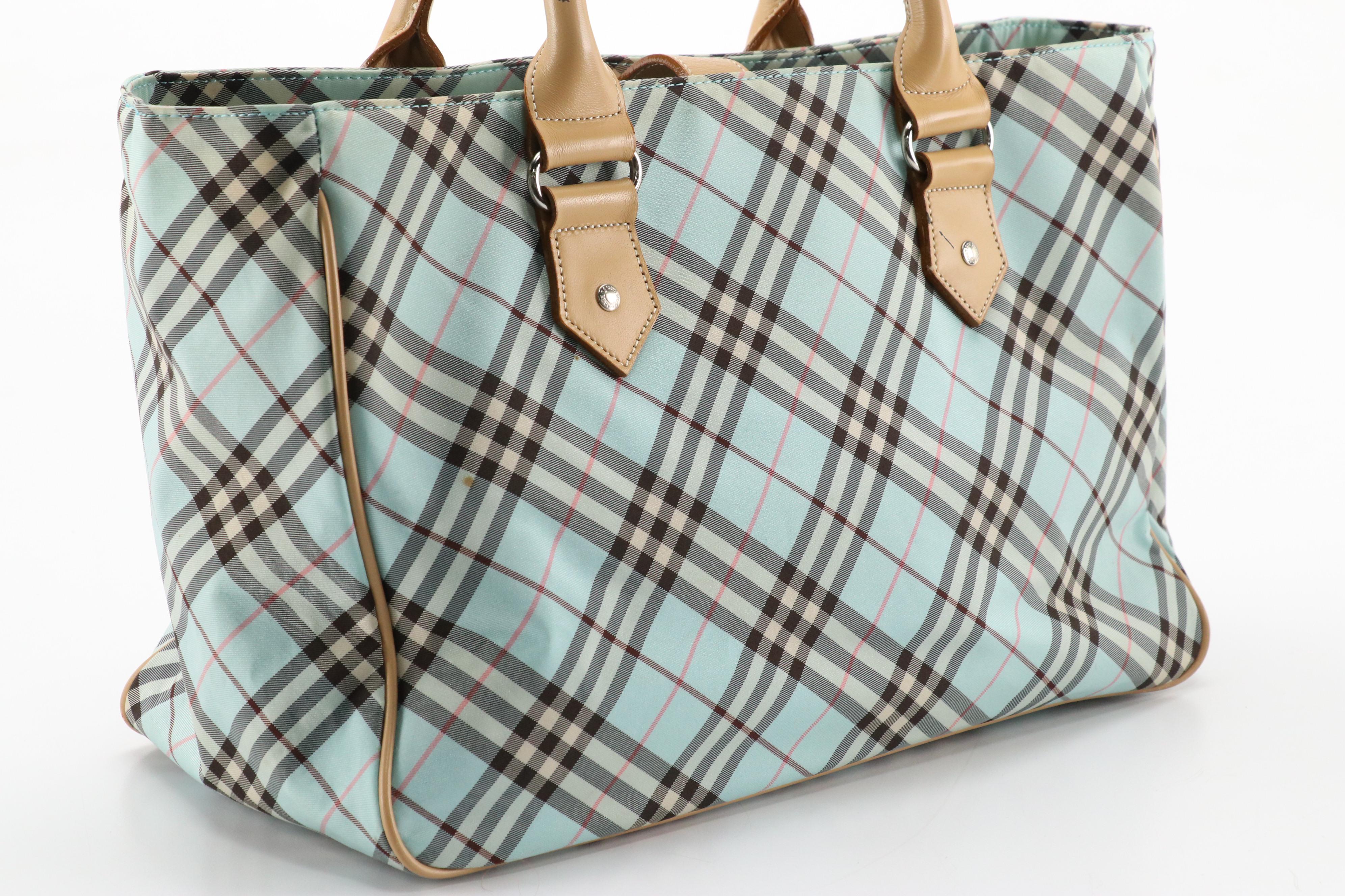 Burberry Blue Label Tote in Blue Nova Check Nylon Canvas and Beige Leather Trim