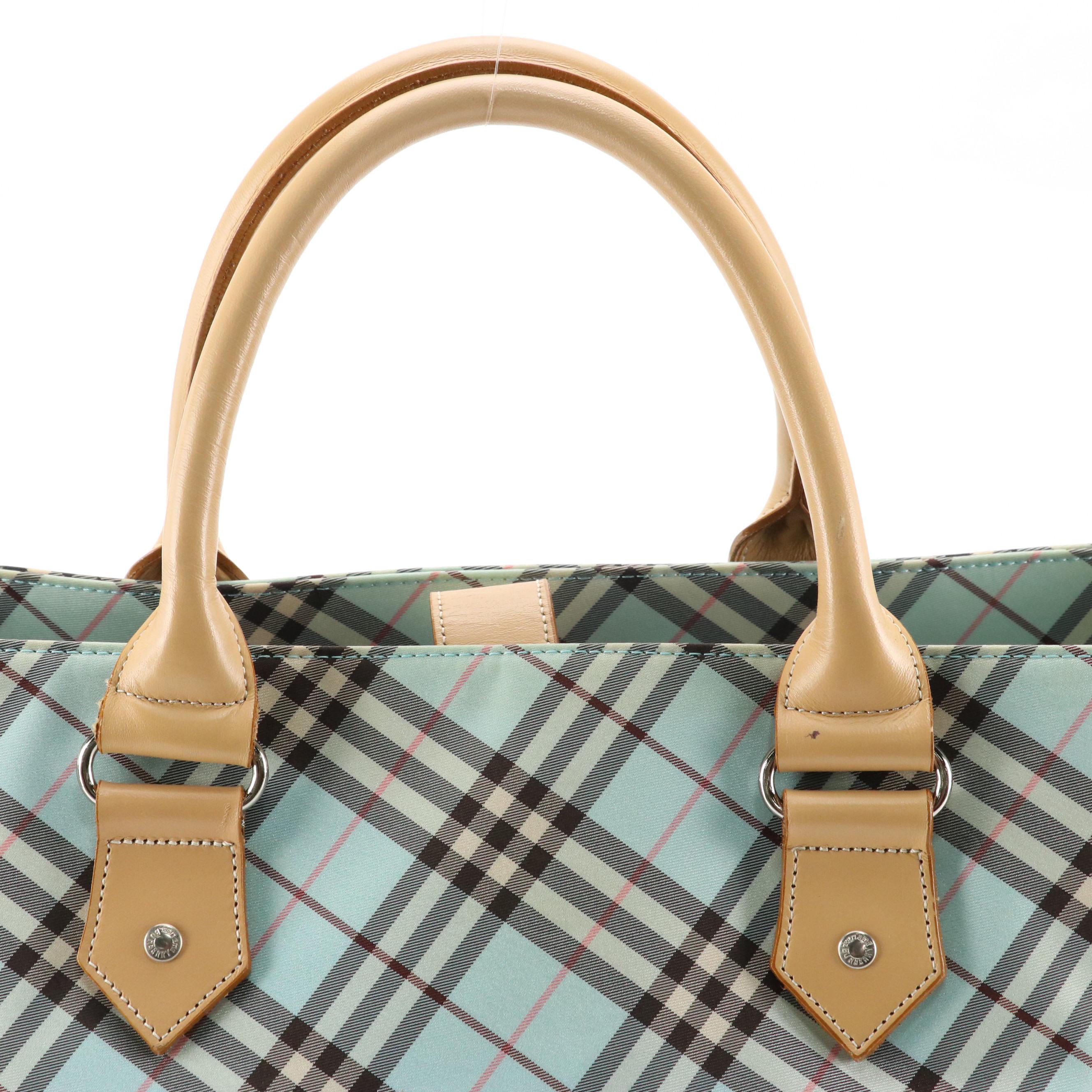 Burberry Blue Label Tote in Blue Nova Check Nylon Canvas and Beige Leather Trim